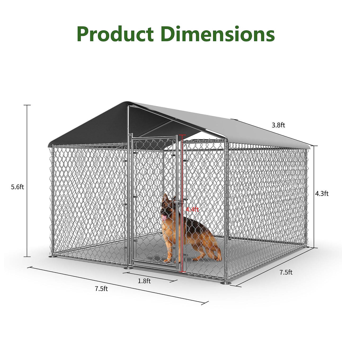 Large Dog Kennel Outdoor, Heavy Duty Outdoor Dog Kennel Chain Link Dog Cage Dog Playpen Dogs Run with Lock UV & Waterproof Roof for Backyard (7.5 * 7.5 * 5.6FT)