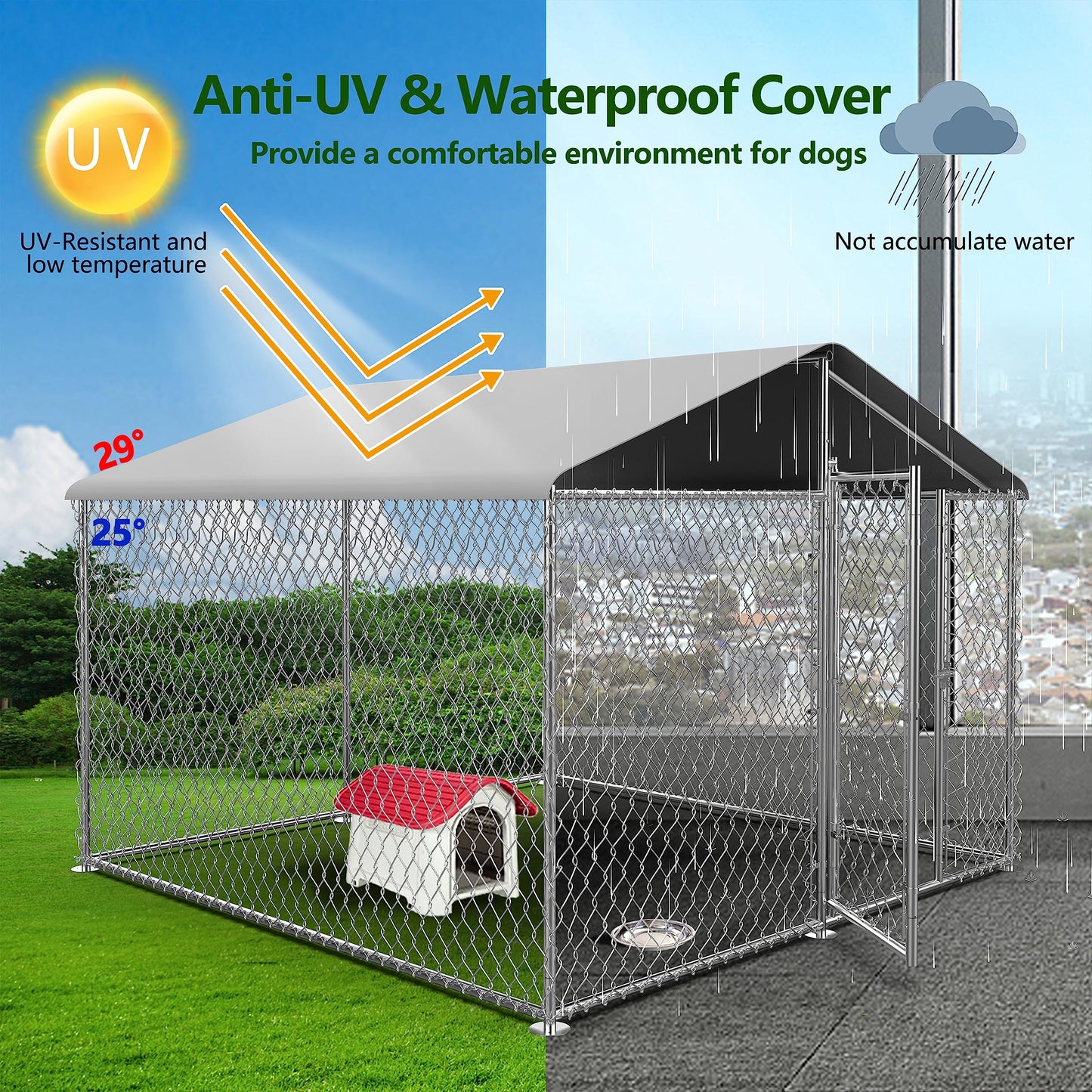 Large Dog Kennel Outdoor, Heavy Duty Outdoor Dog Kennel Chain Link Dog Cage Dog Playpen Dogs Run with Lock UV & Waterproof Roof for Backyard (7.5 * 7.5 * 5.6FT)