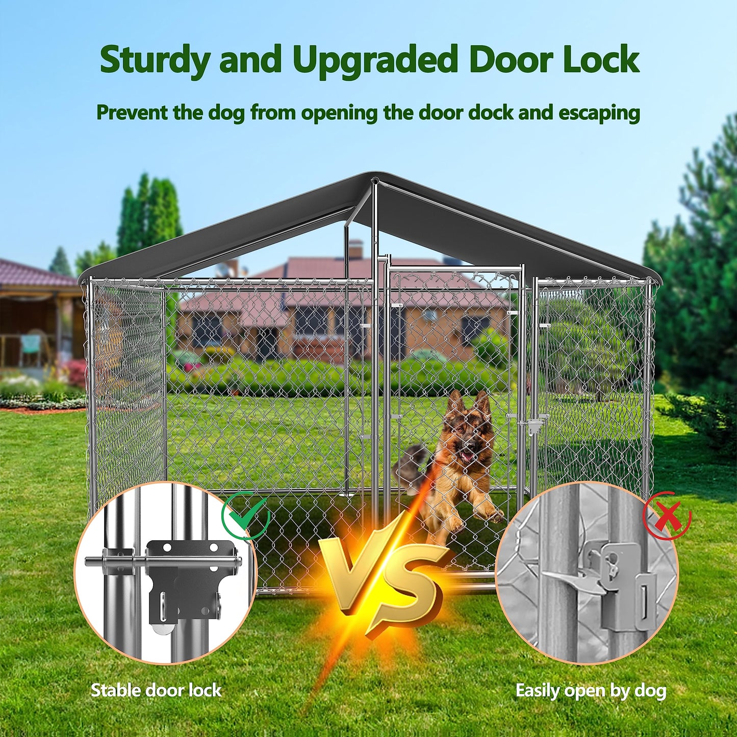 Large Dog Kennel Outdoor, Heavy Duty Outdoor Dog Kennel Chain Link Dog Cage Dog Playpen Dogs Run with Lock UV & Waterproof Roof for Backyard (7.5 * 7.5 * 5.6FT)