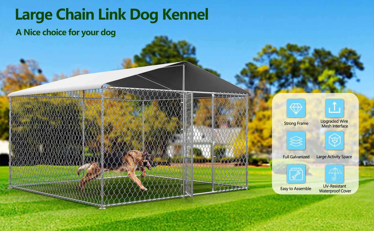 Large Dog Kennel Outdoor, Heavy Duty Outdoor Dog Kennel Chain Link Dog Cage Dog Playpen Dogs Run with Lock UV & Waterproof Roof for Backyard (7.5 * 7.5 * 5.6FT)