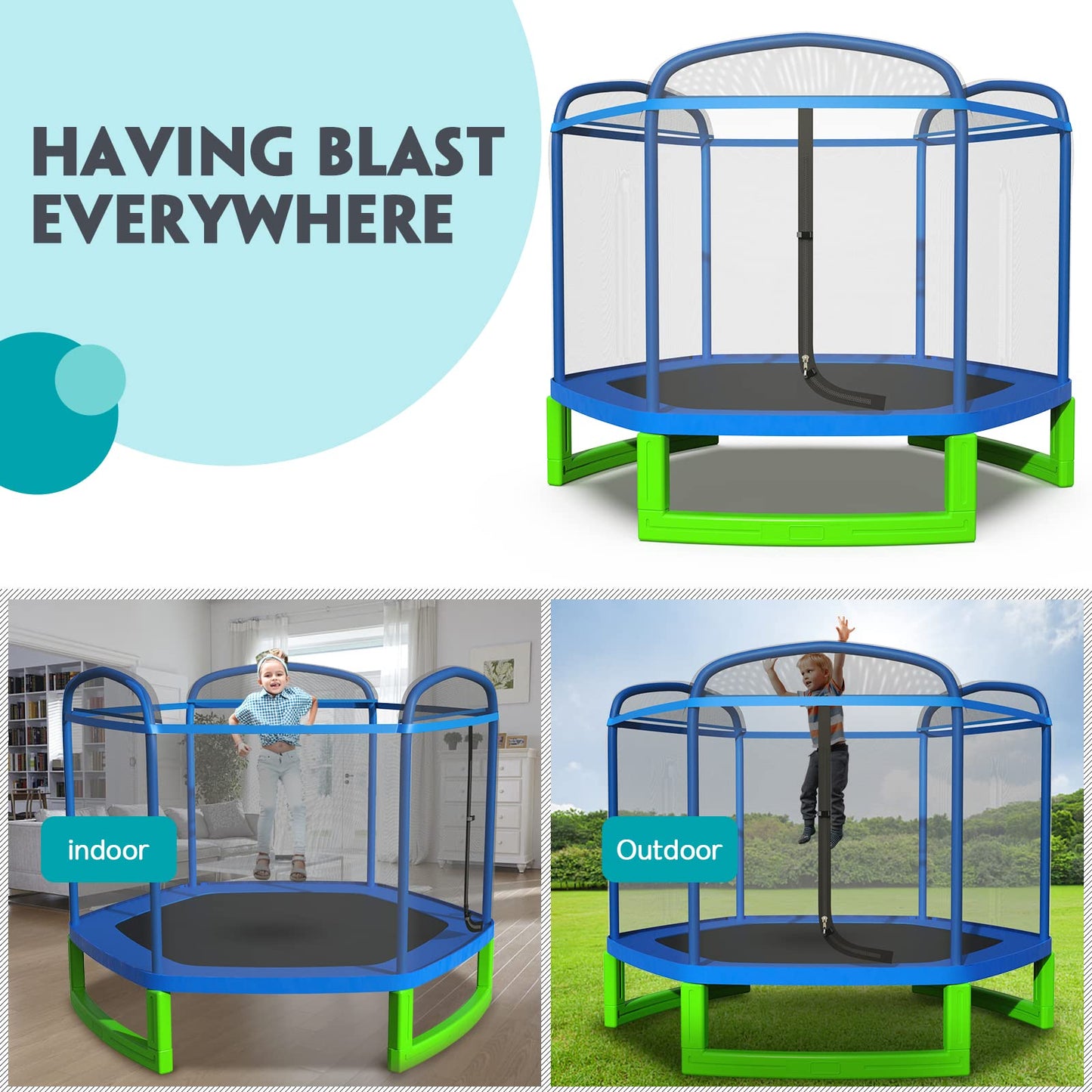 Lyromix 7FT Kids Trampoline for Toddlers, Indoor Mini Trampoline for Kids, Small Trampoline with Enclosure, Adult Fitness Trampoline for Indoor and Outdoor Use, Blue
