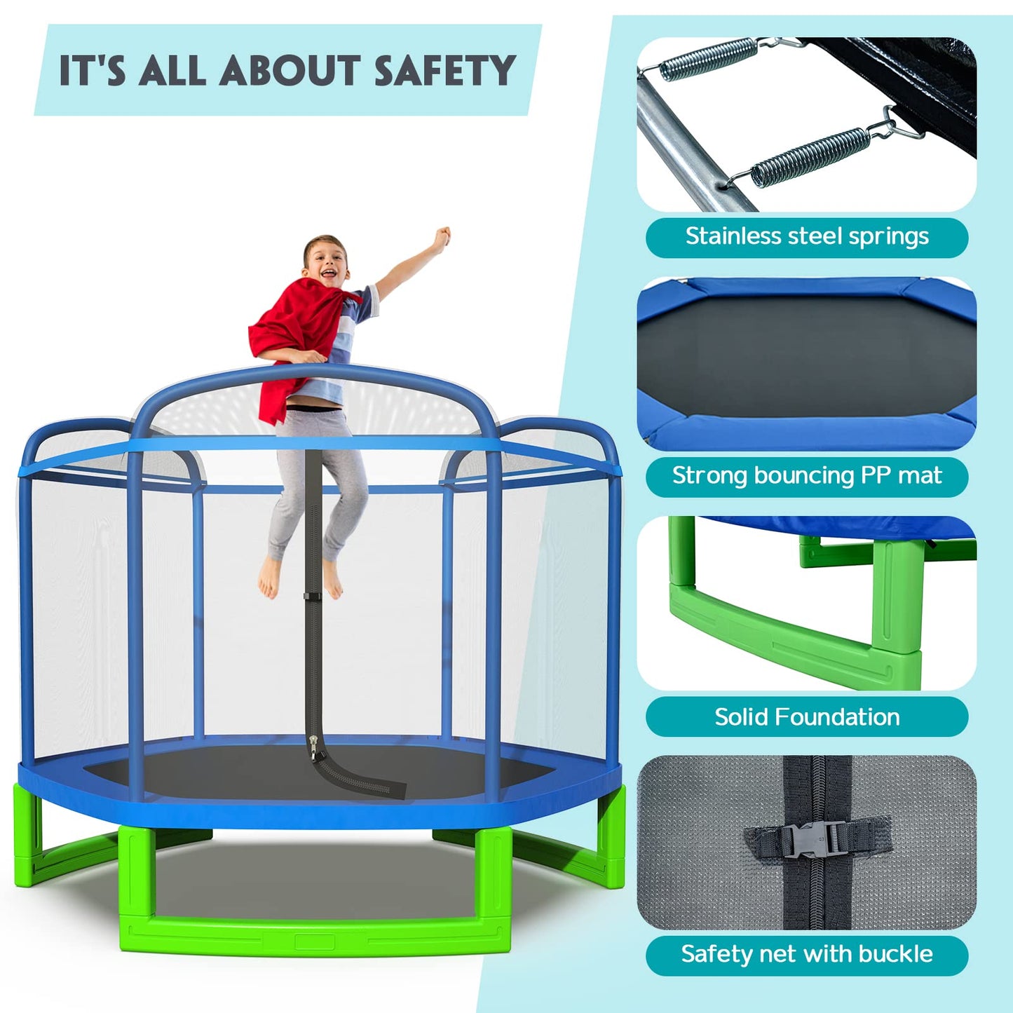 Lyromix 7FT Kids Trampoline for Toddlers, Indoor Mini Trampoline for Kids, Small Trampoline with Enclosure, Adult Fitness Trampoline for Indoor and Outdoor Use, Blue