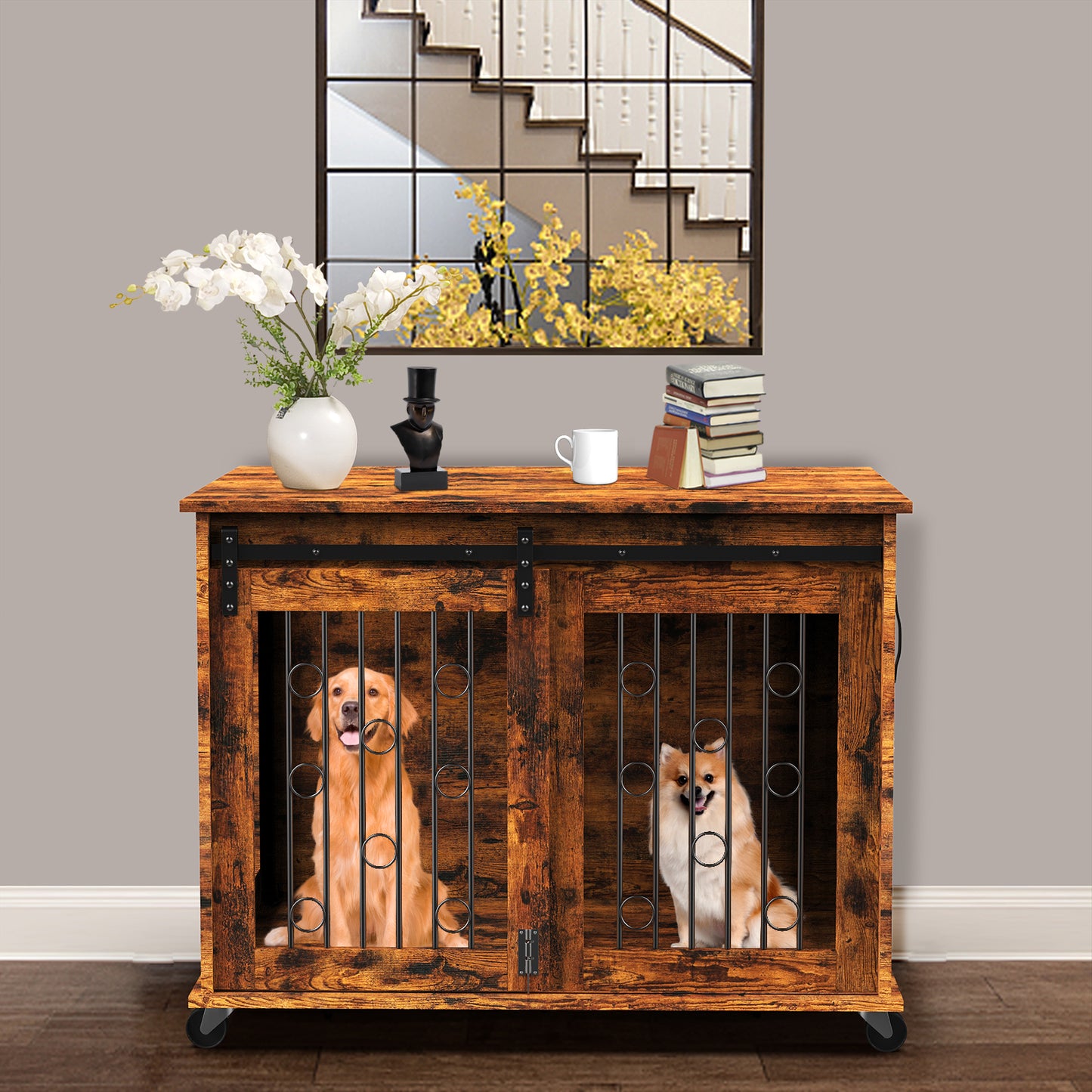 Lyromix Dog Crate Furniture with Divider for 2 Small to Medium Pets, Wooden Cage End Table, Heavy Duty Indoor Puppy Kennel with Removable Divider and Sliding Door, Grey