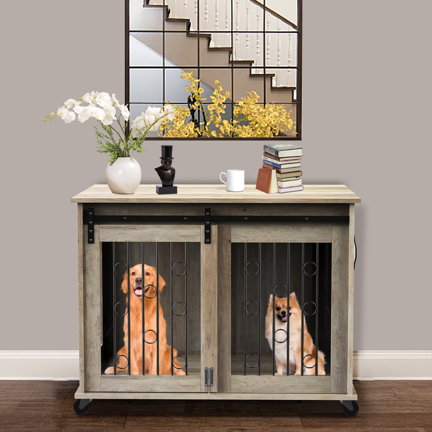 Lyromix Dog Crate Furniture with Divider for 2 Small to Medium Pets, Wooden Cage End Table, Heavy Duty Indoor Puppy Kennel with Removable Divider and Sliding Door, Grey