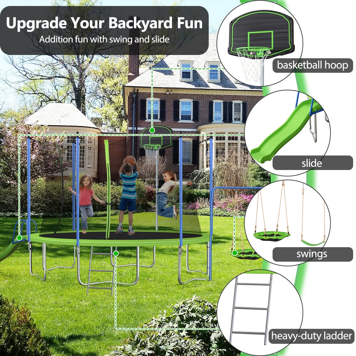 Lyromix 12 14FT Trampoline with Slide and Swings, ASTM Approved Large Recreational Trampoline with Basketball Hoop and Ladder,Outdoor Backyard Trampoline with Net, Capacity for 5-7 Kids and Adults