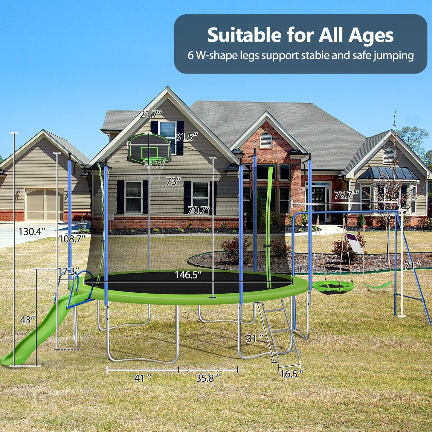 Lyromix 12 14FT Trampoline with Slide and Swings, ASTM Approved Large Recreational Trampoline with Basketball Hoop and Ladder,Outdoor Backyard Trampoline with Net, Capacity for 5-7 Kids and Adults