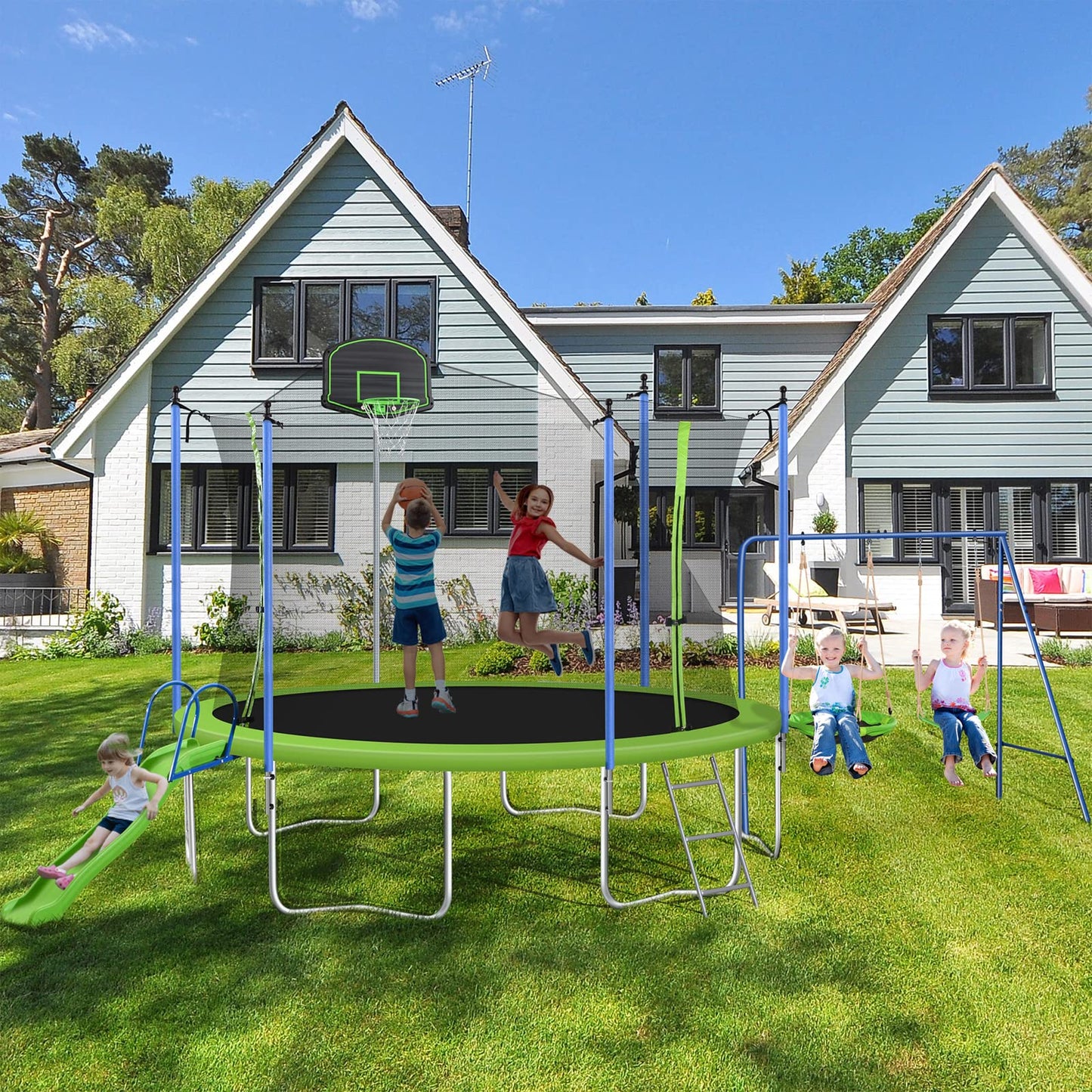 Lyromix 12 14FT Trampoline with Slide and Swings, ASTM Approved Large Recreational Trampoline with Basketball Hoop and Ladder,Outdoor Backyard Trampoline with Net, Capacity for 5-7 Kids and Adults