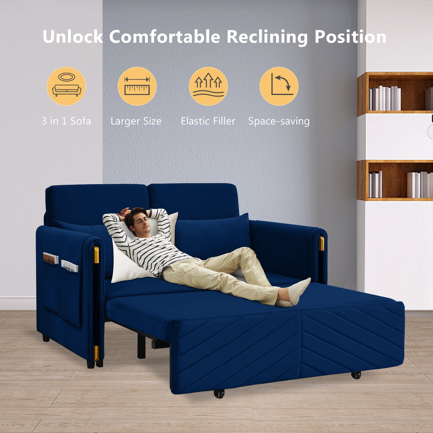 Lyromix 3 in 1 Sofa Bed for Living Room, Convertible Loveseat Sleeper Full Size, Velvet Pull Out Couch with 2 Pillows & Detachable Storage Bag