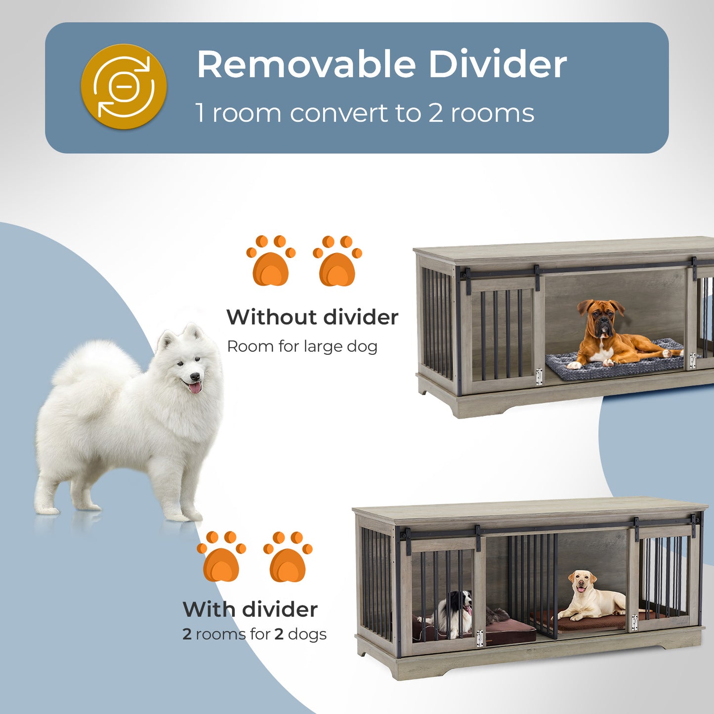 Lyromix Dog Crate Furniture Large Breed TV Stand with 2 Sliding Doors, Dog Kennels and Crates for Medium Large Dogs with Divider, Wood Dog Crate End Table, Grey, 62.2''W*22.8''D*27''H