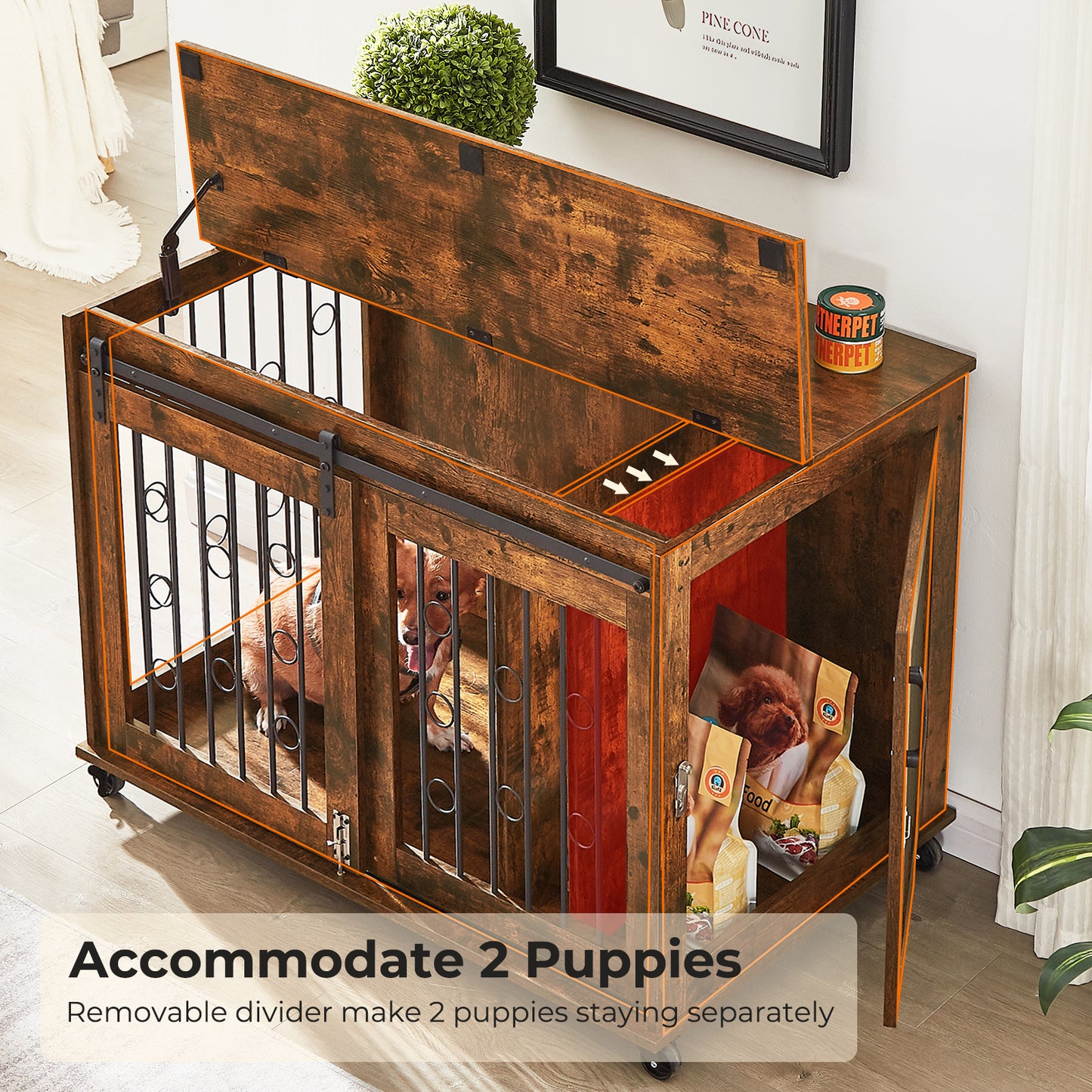 Lyromix Dog Crate Furniture with Divider for 2 Small to Medium Pets, Wooden Cage End Table, Heavy Duty Indoor Puppy Kennel with Removable Divider and Sliding Door, Grey
