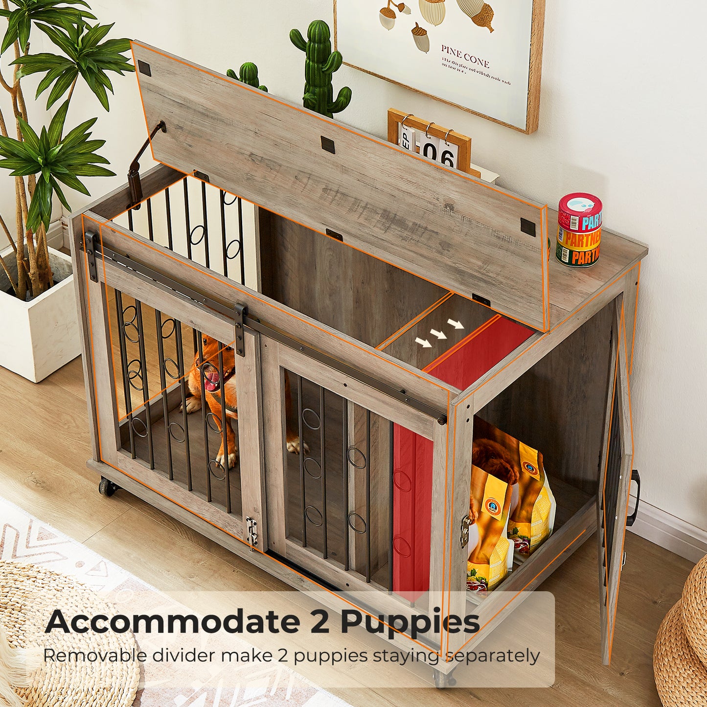 Lyromix Dog Crate Furniture with Divider for 2 Small to Medium Pets, Wooden Cage End Table, Heavy Duty Indoor Puppy Kennel with Removable Divider and Sliding Door, Grey
