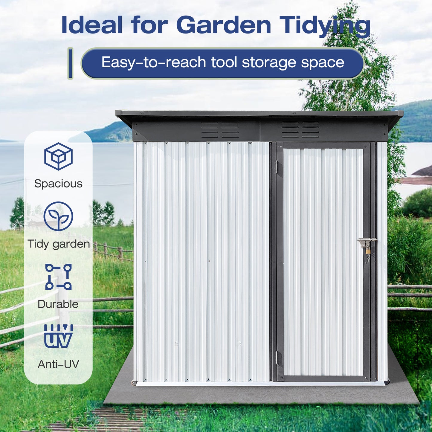 Lyromix Metal Outdoor Storage Shed with Door & Lock, Waterproof Garden Storage Tool Shed with Base Frame for Backyard Patio