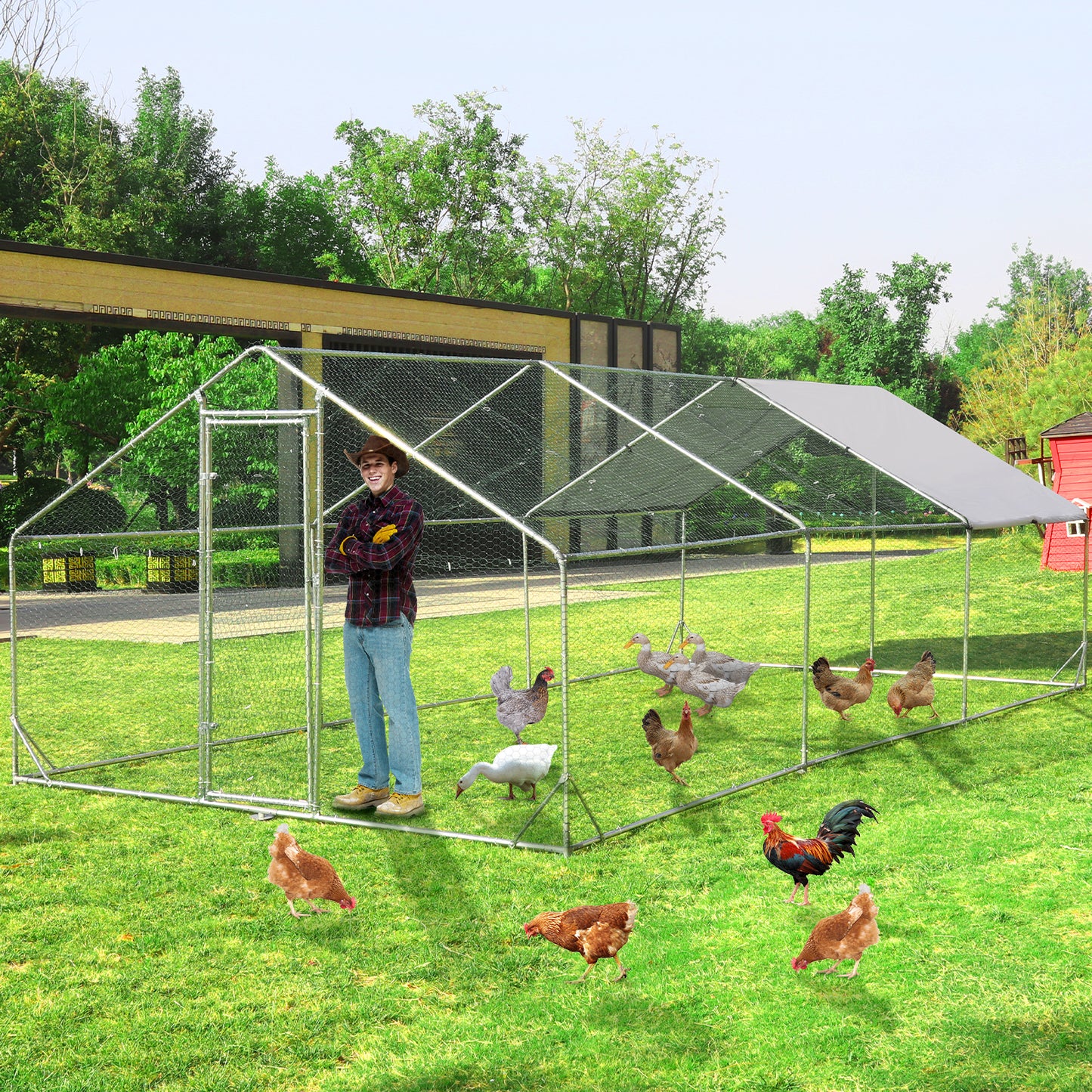 Lyromix Large Metal Chicken Coop Run, Walk-in Poultry Cage Chicken Runs House for Yard with Waterproof Cover, Ducks Rabbits Habitat Cage Spire Shaped Coop for Outdoor Farm Use