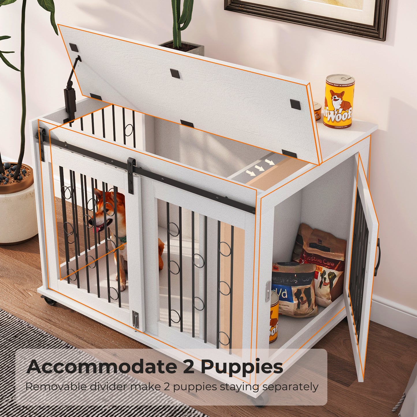 Lyromix Dog Crate Furniture with Divider for 2 Small to Medium Pets, Wooden Cage End Table, Heavy Duty Indoor Puppy Kennel with Removable Divider and Sliding Door