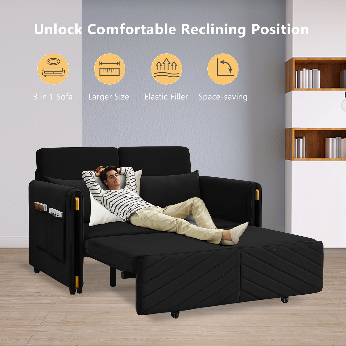 Lyromix 3 in 1 Sofa Bed for Living Room, Convertible Loveseat Sleeper Full Size, Velvet Pull Out Couch with 2 Pillows & Detachable Storage Bag