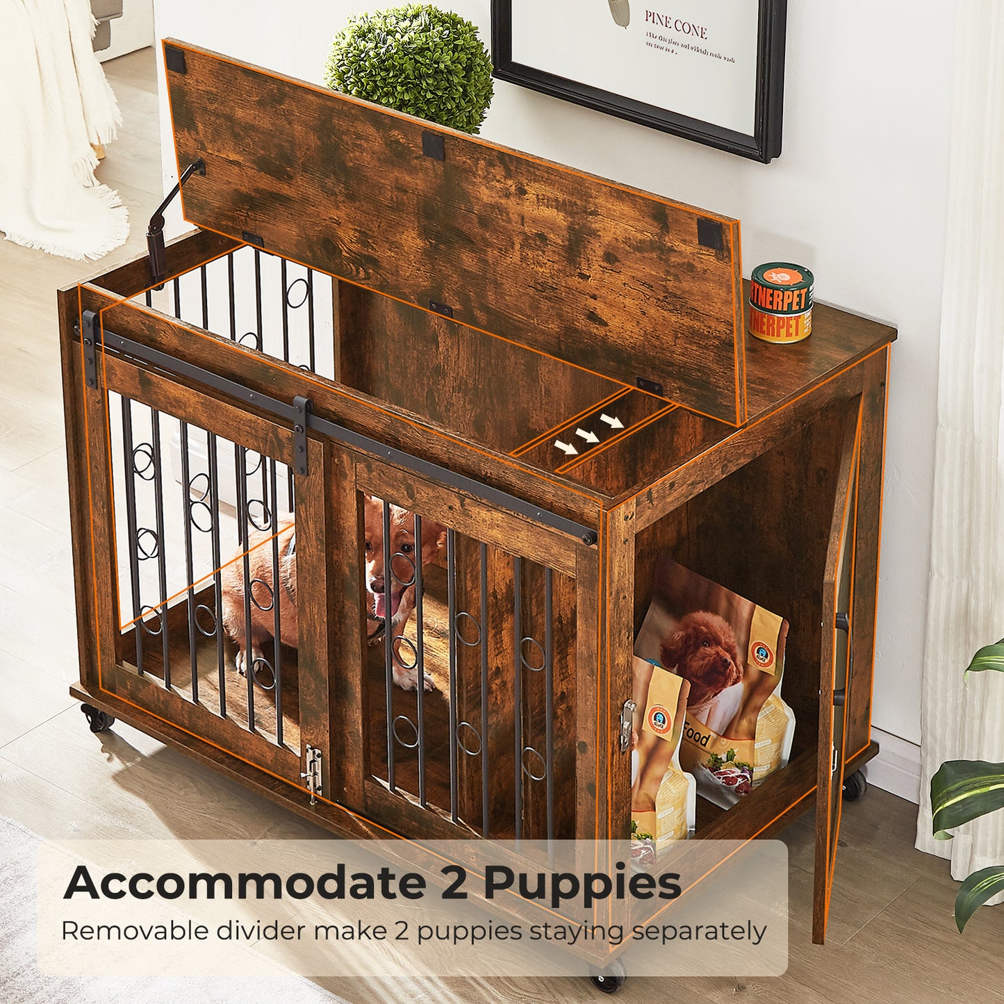 Lyromix Dog Crate Furniture with Divider for 2 Small to Medium Pets, Wooden Cage End Table, Heavy Duty Indoor Puppy Kennel with Removable Divider and Sliding Door, Grey