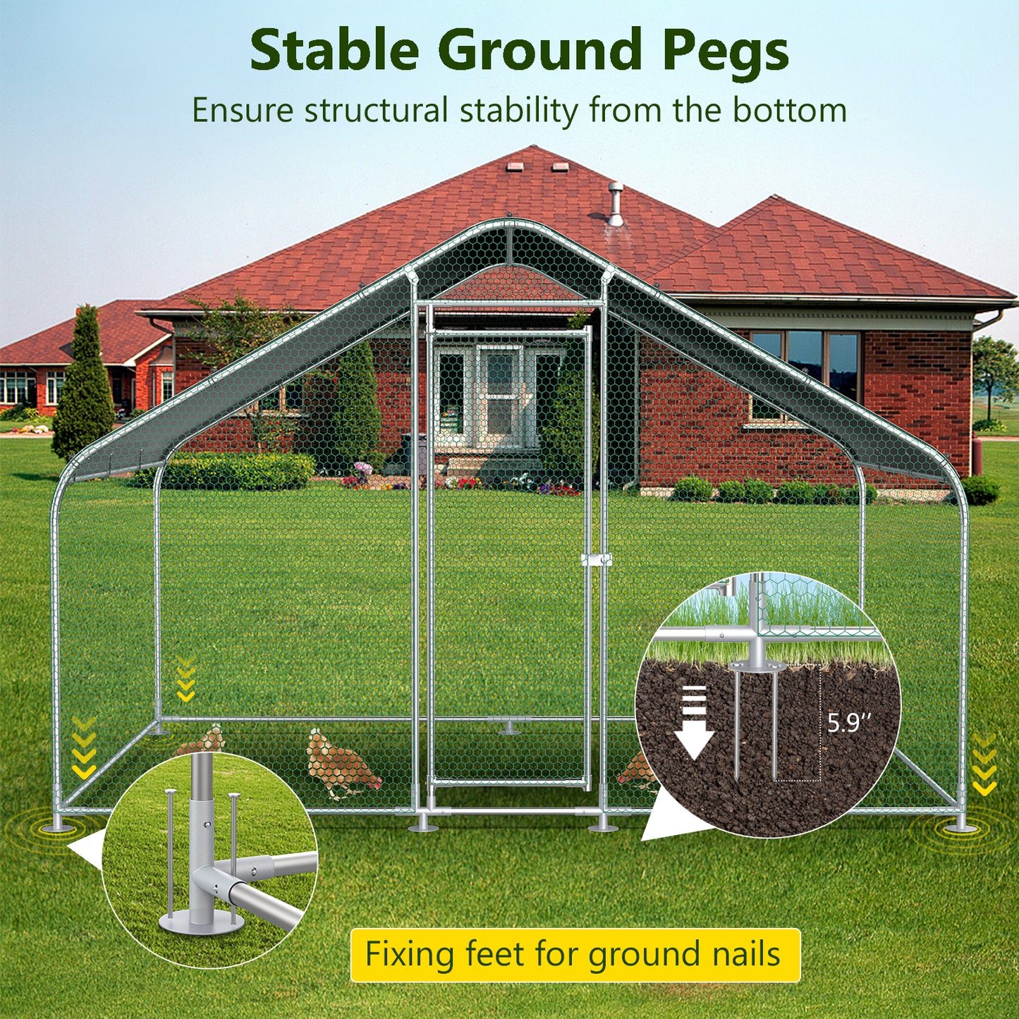Lyromix Large Metal Chicken Coop with Run,Walk-in Poultry Cage Chicken Runs House for Yard with Waterproof Cover,Chicken Pens Habitat Cage Spire Shaped Coop for Outdoor Farm