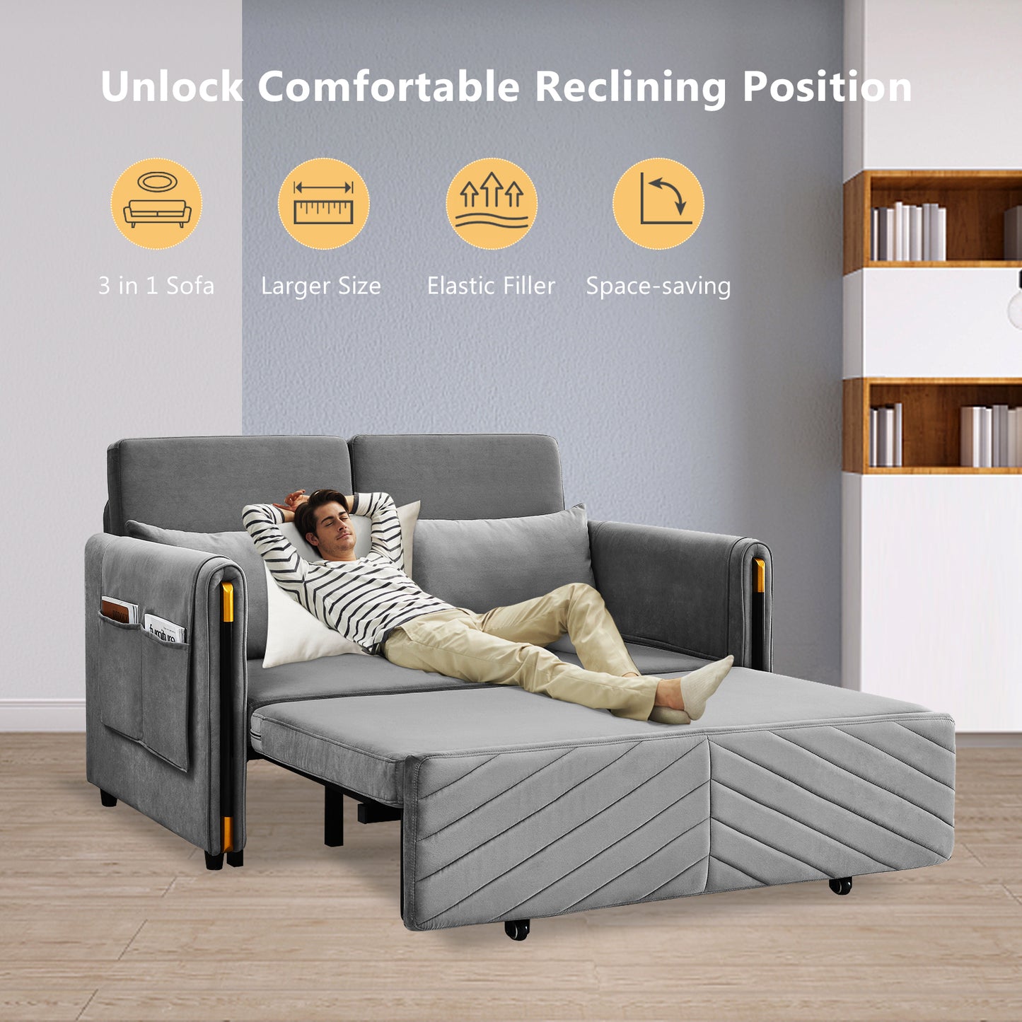 Lyromix 3 in 1 Sofa Bed for Living Room, Convertible Loveseat Sleeper Full Size, Velvet Pull Out Couch with 2 Pillows & Detachable Storage Bag