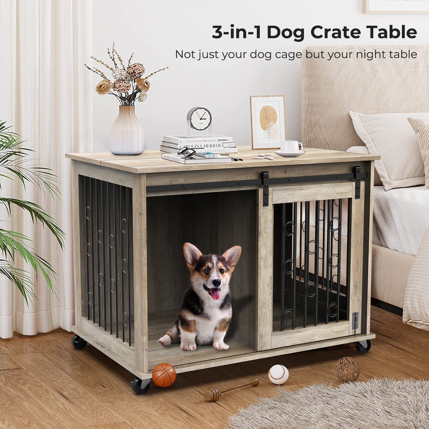 Lyromix Dog Crate Furniture with Divider for 2 Small to Medium Pets, Wooden Cage End Table, Heavy Duty Indoor Puppy Kennel with Removable Divider and Sliding Door, Grey