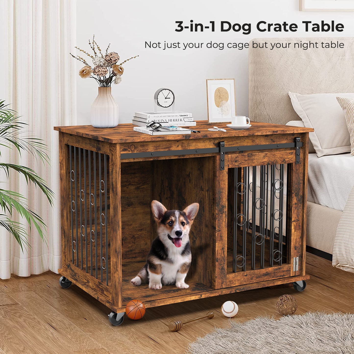 Lyromix Dog Crate Furniture with Divider for 2 Small to Medium Pets, Wooden Cage End Table, Heavy Duty Indoor Puppy Kennel with Removable Divider and Sliding Door, Grey