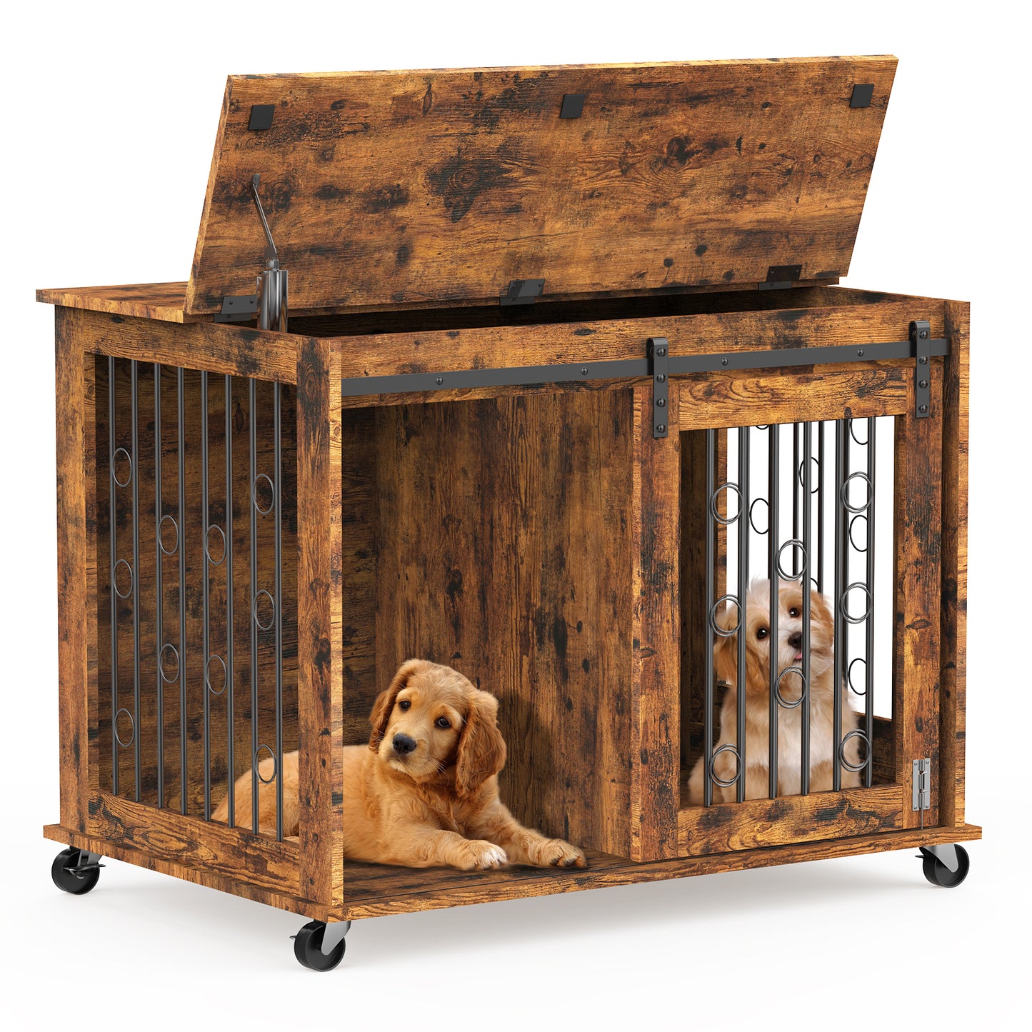 Lyromix Dog Crate Furniture with Divider for 2 Small to Medium Pets, Wooden Cage End Table, Heavy Duty Indoor Puppy Kennel with Removable Divider and Sliding Door, Grey