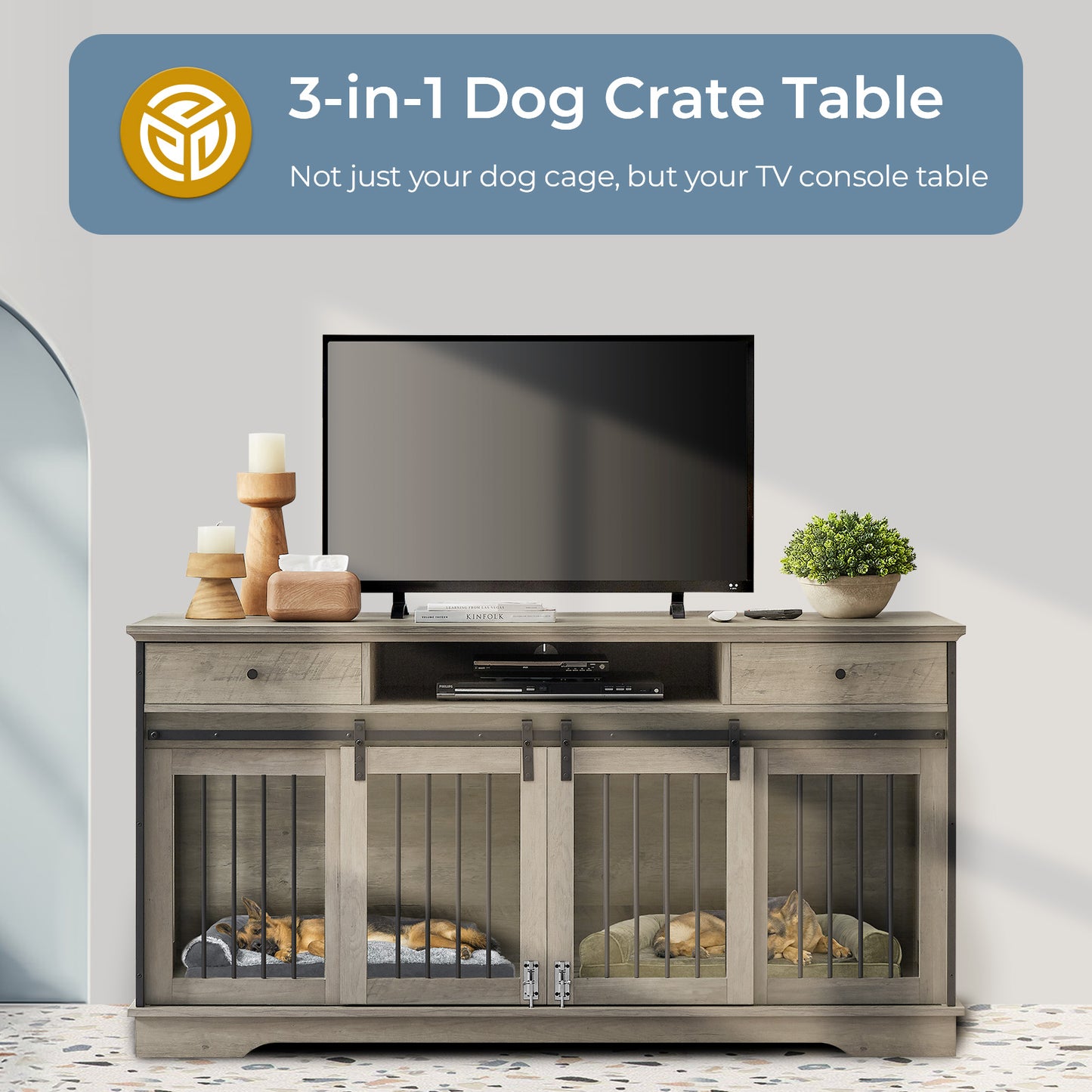 Lyromix Dog Crate Furniture Large Breed TV Stand with Drawer & 2 Sliding Doors, Dog Kennels and Crates for Medium Large Dogs with Divider, Wood Dog Crate End Table, Grey, 62.2''W*22.8''D*32.3''H