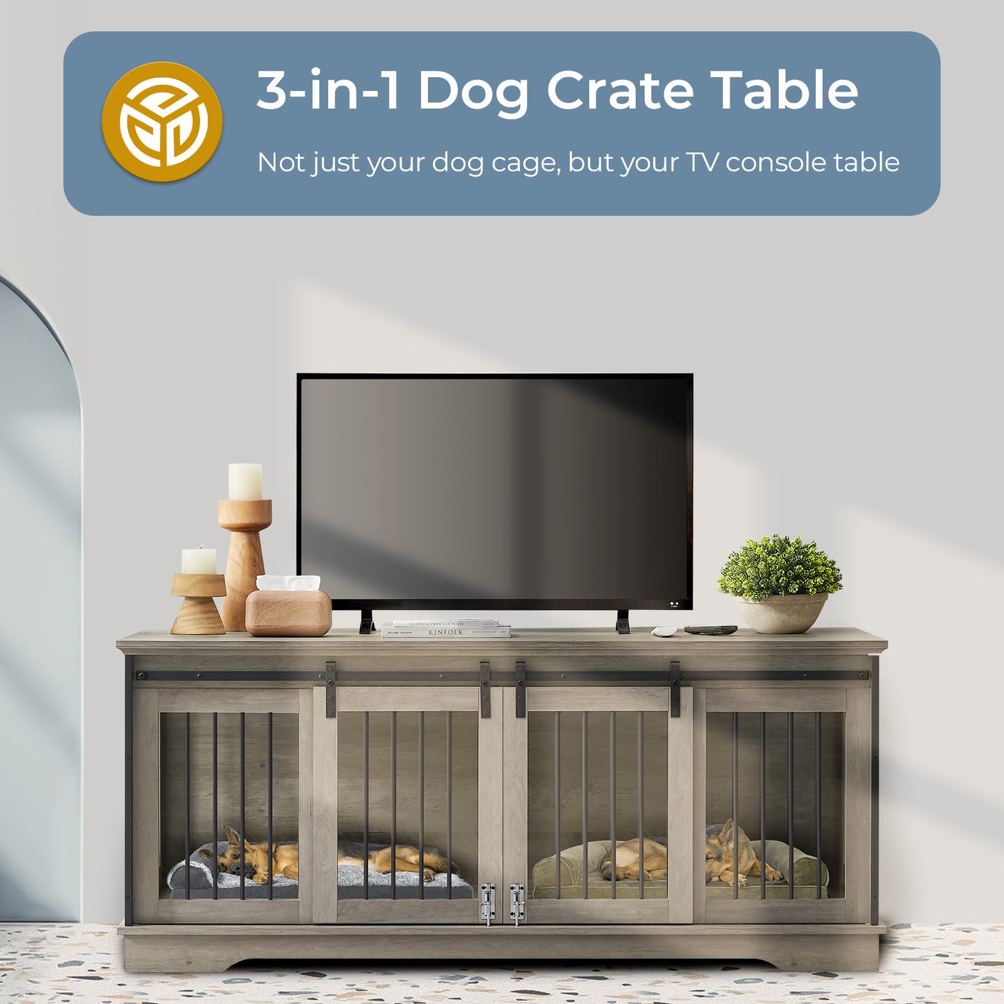 Lyromix Dog Crate Furniture Large Breed TV Stand with 2 Sliding Doors, Dog Kennels and Crates for Medium Large Dogs with Divider, Wood Dog Crate End Table, Grey, 62.2''W*22.8''D*27''H