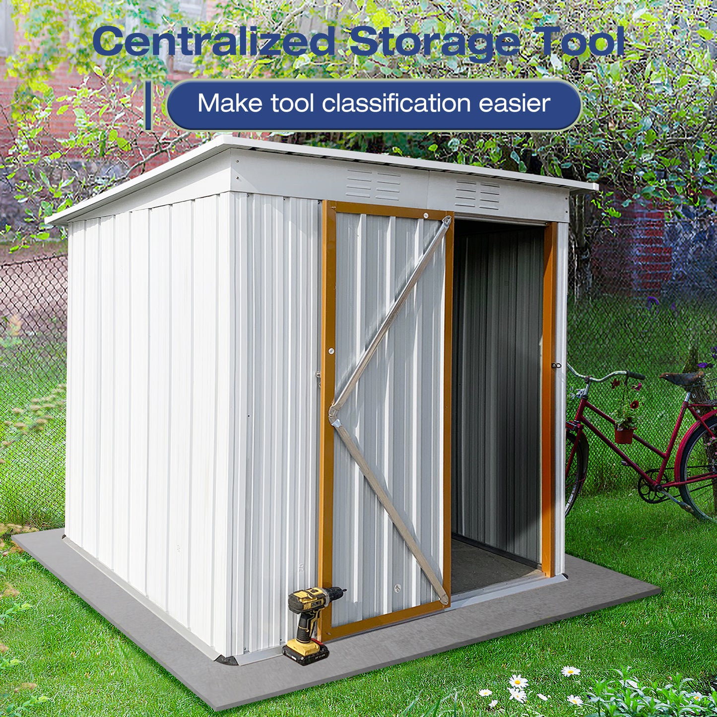 Lyromix Metal Outdoor Storage Shed with Door & Lock, Waterproof Garden Storage Tool Shed with Base Frame for Backyard Patio