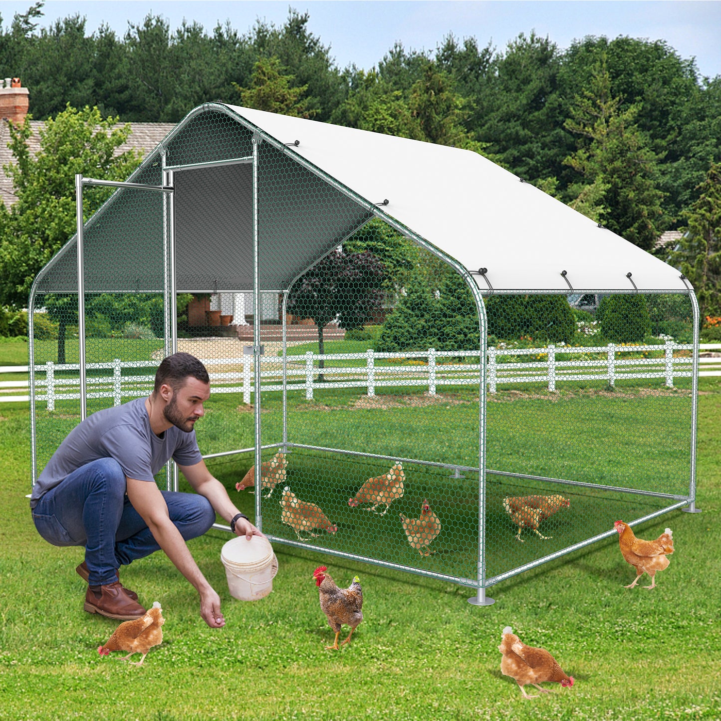 Lyromix Large Metal Chicken Coop with Run,Walk-in Poultry Cage Chicken Runs House for Yard with Waterproof Cover,Chicken Pens Habitat Cage Spire Shaped Coop for Outdoor Farm