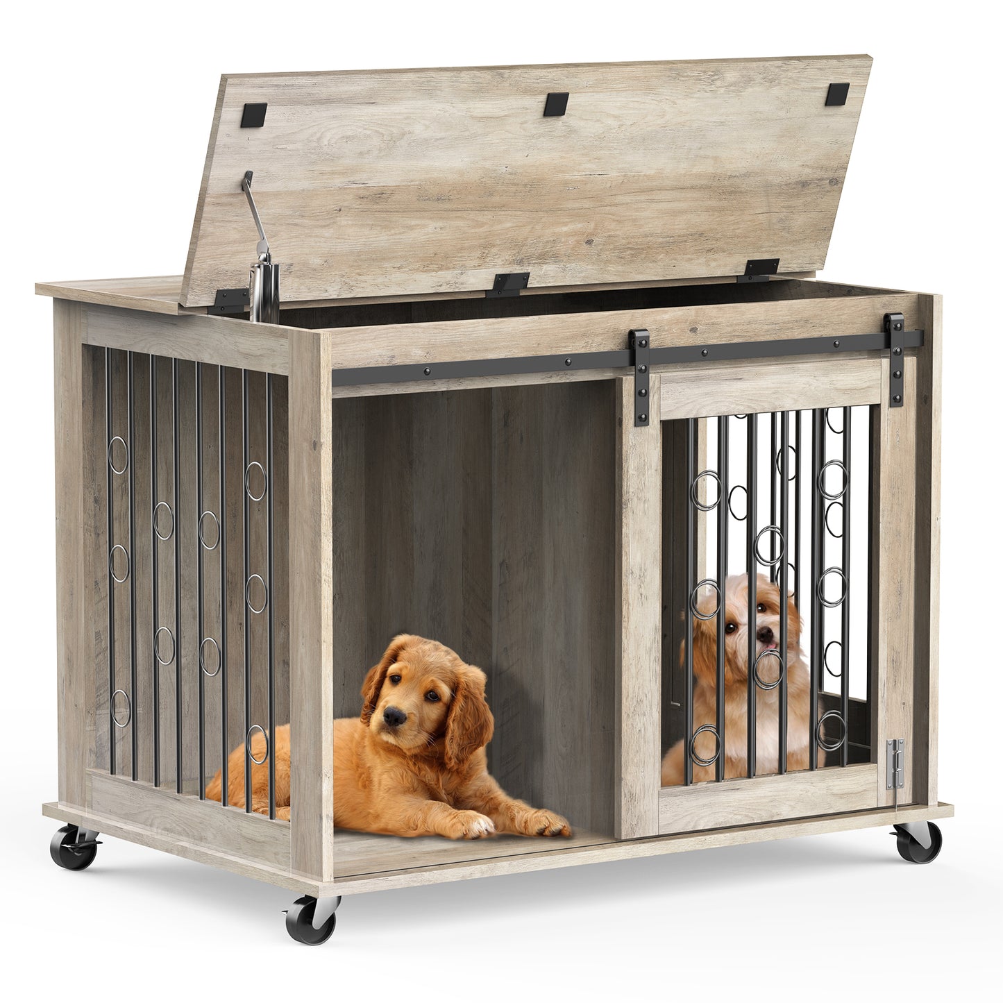 Lyromix Dog Crate Furniture with Divider for 2 Small to Medium Pets, Wooden Cage End Table, Heavy Duty Indoor Puppy Kennel with Removable Divider and Sliding Door, Grey