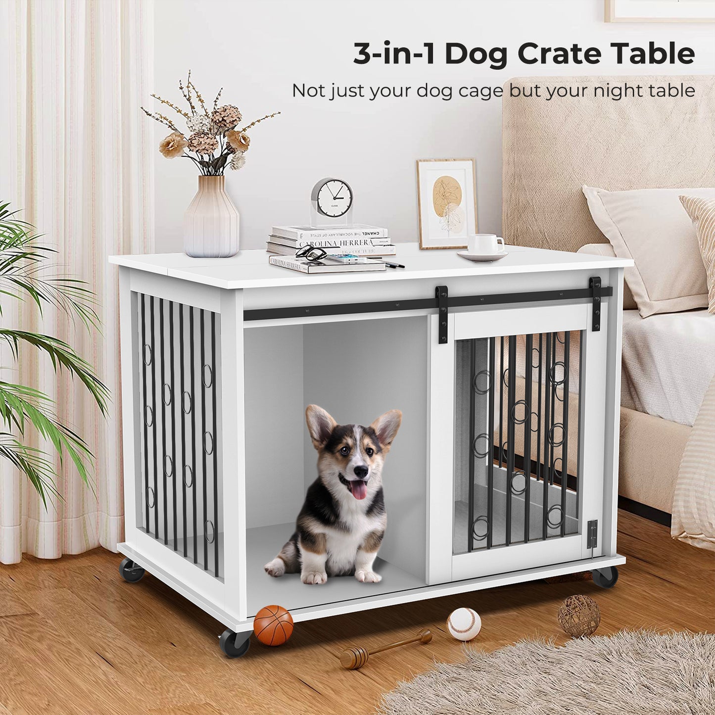 Lyromix Dog Crate Furniture with Divider for 2 Small to Medium Pets, Wooden Cage End Table, Heavy Duty Indoor Puppy Kennel with Removable Divider and Sliding Door