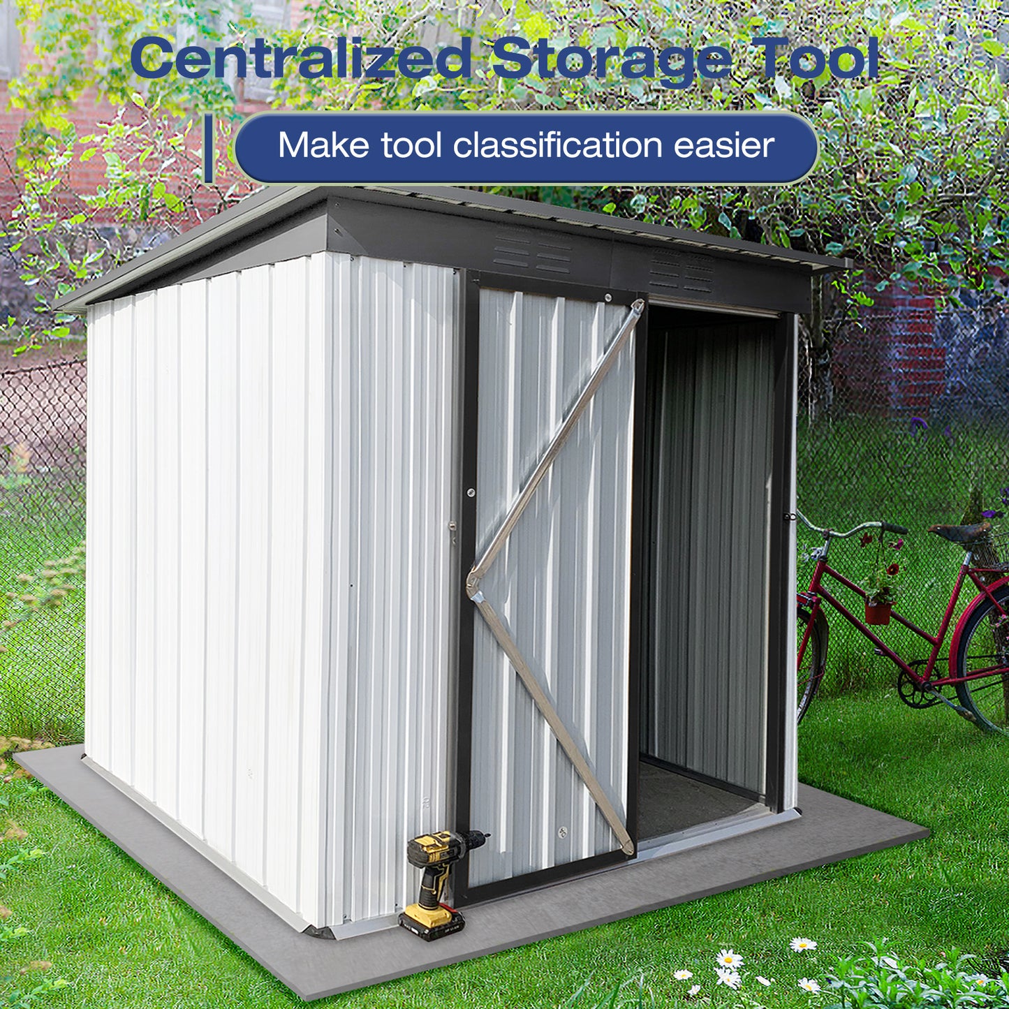 Lyromix Metal Outdoor Storage Shed with Door & Lock, Waterproof Garden Storage Tool Shed with Base Frame for Backyard Patio