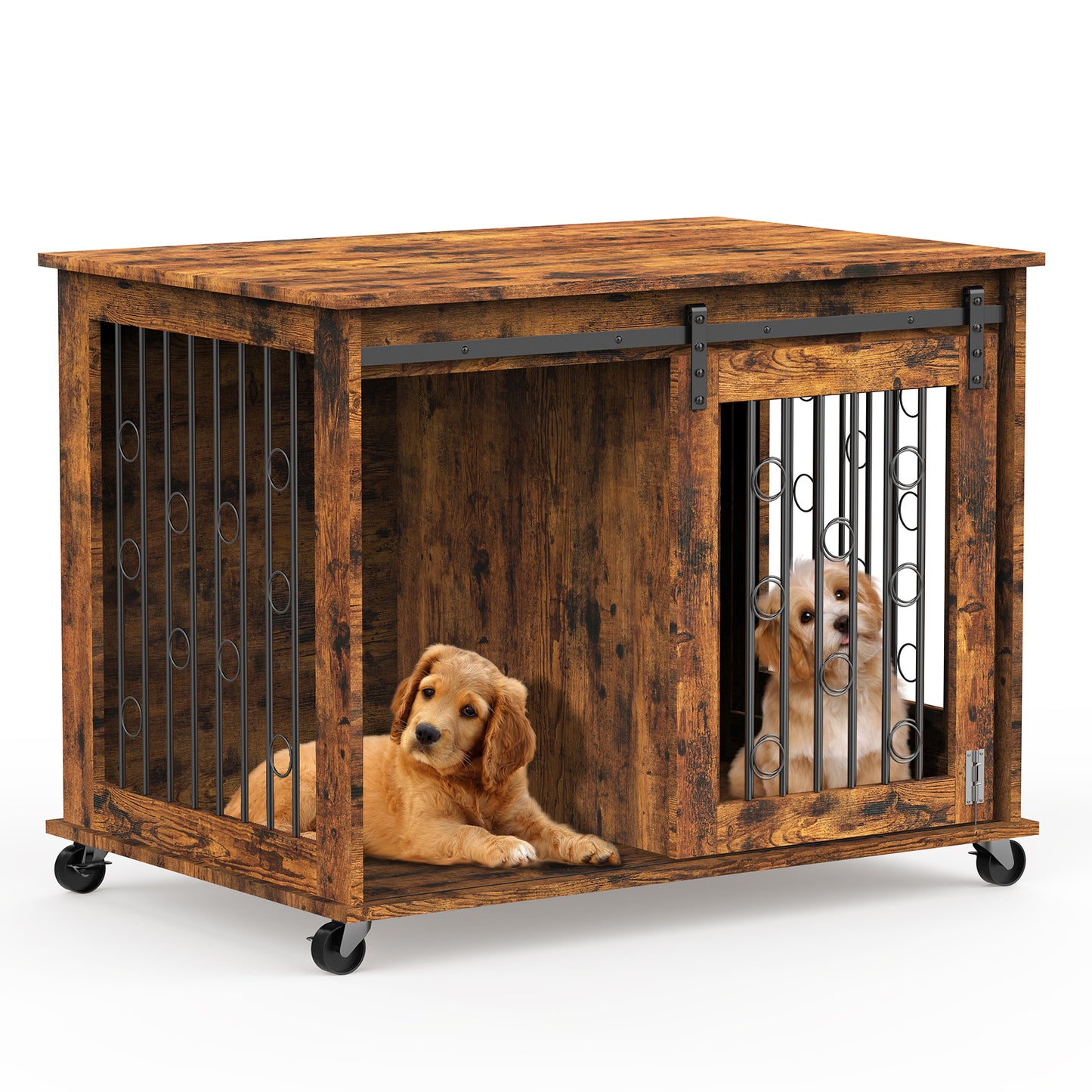 Lyromix Dog Crate Furniture with Divider for 2 Small to Medium Pets, Wooden Cage End Table, Heavy Duty Indoor Puppy Kennel with Removable Divider and Sliding Door, Grey