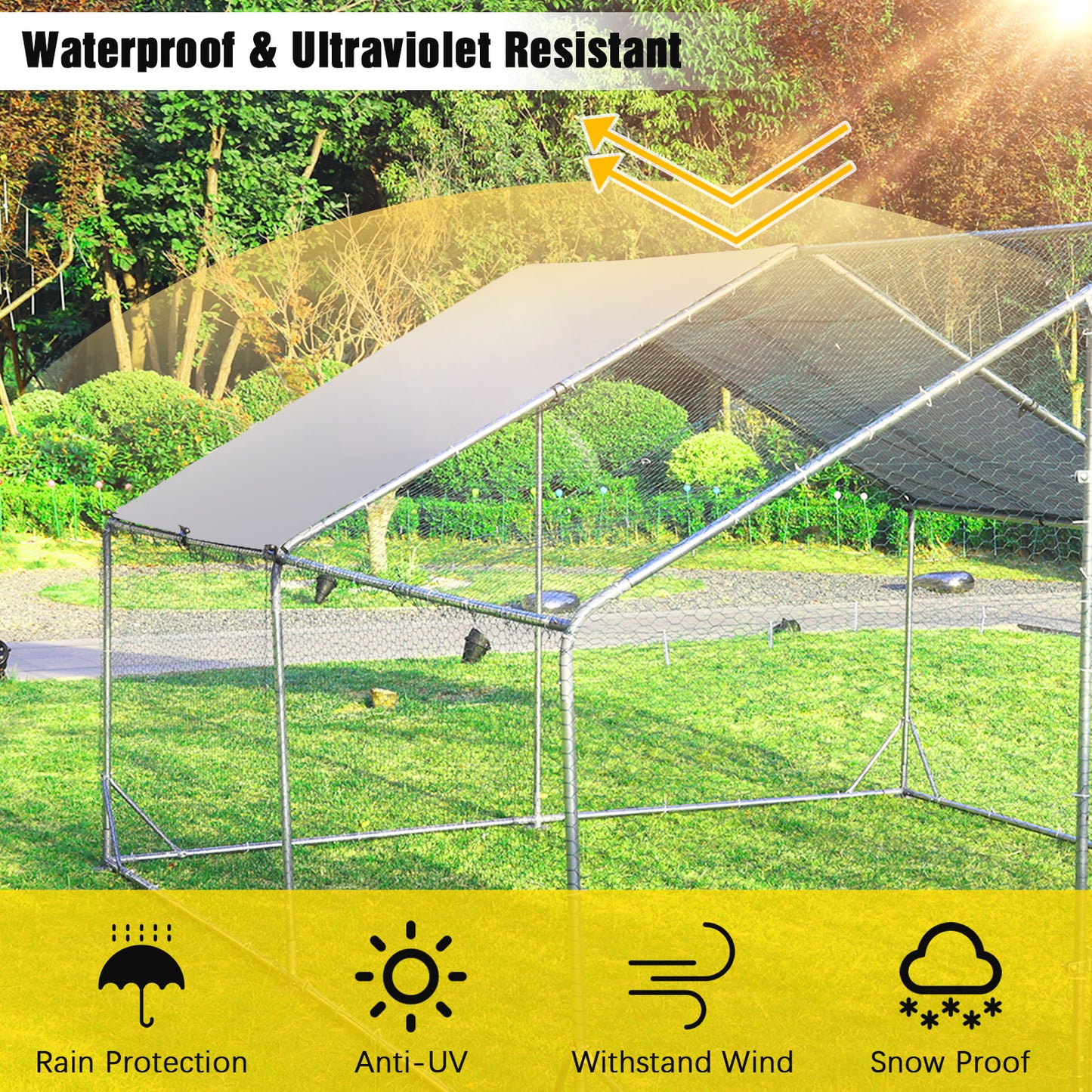 Lyromix Large Metal Chicken Coop Run, Walk-in Poultry Cage Chicken Runs House for Yard with Waterproof Cover, Ducks Rabbits Habitat Cage Spire Shaped Coop for Outdoor Farm Use