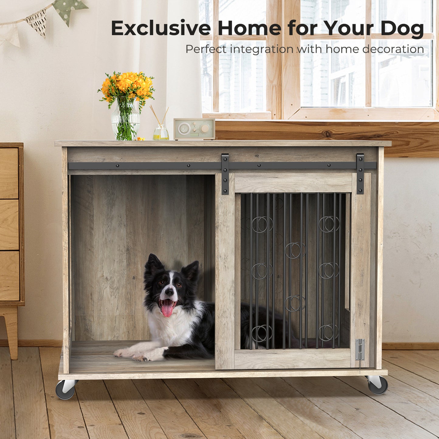 Lyromix Dog Crate Furniture with Divider for 2 Small to Medium Pets, Wooden Cage End Table, Heavy Duty Indoor Puppy Kennel with Removable Divider and Sliding Door, Grey