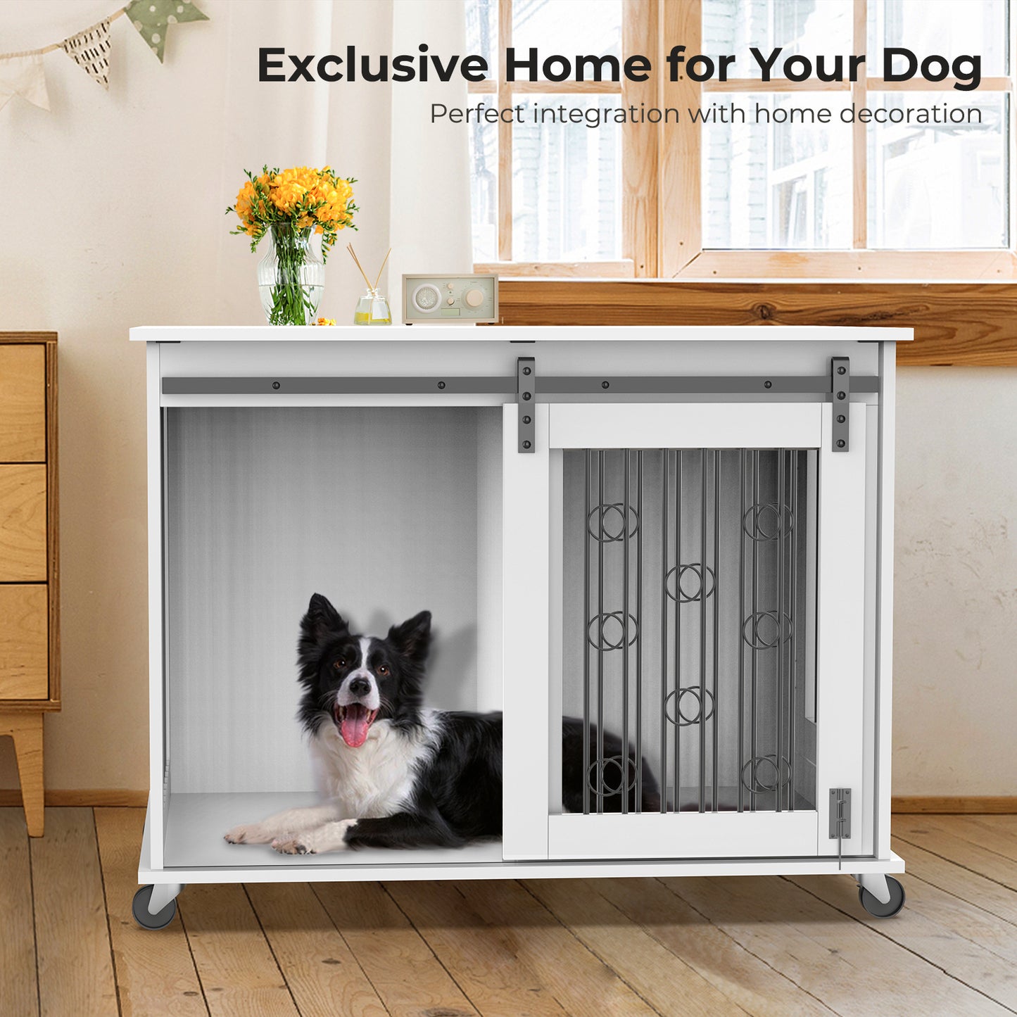 Lyromix Dog Crate Furniture with Divider for 2 Small to Medium Pets, Wooden Cage End Table, Heavy Duty Indoor Puppy Kennel with Removable Divider and Sliding Door, Grey
