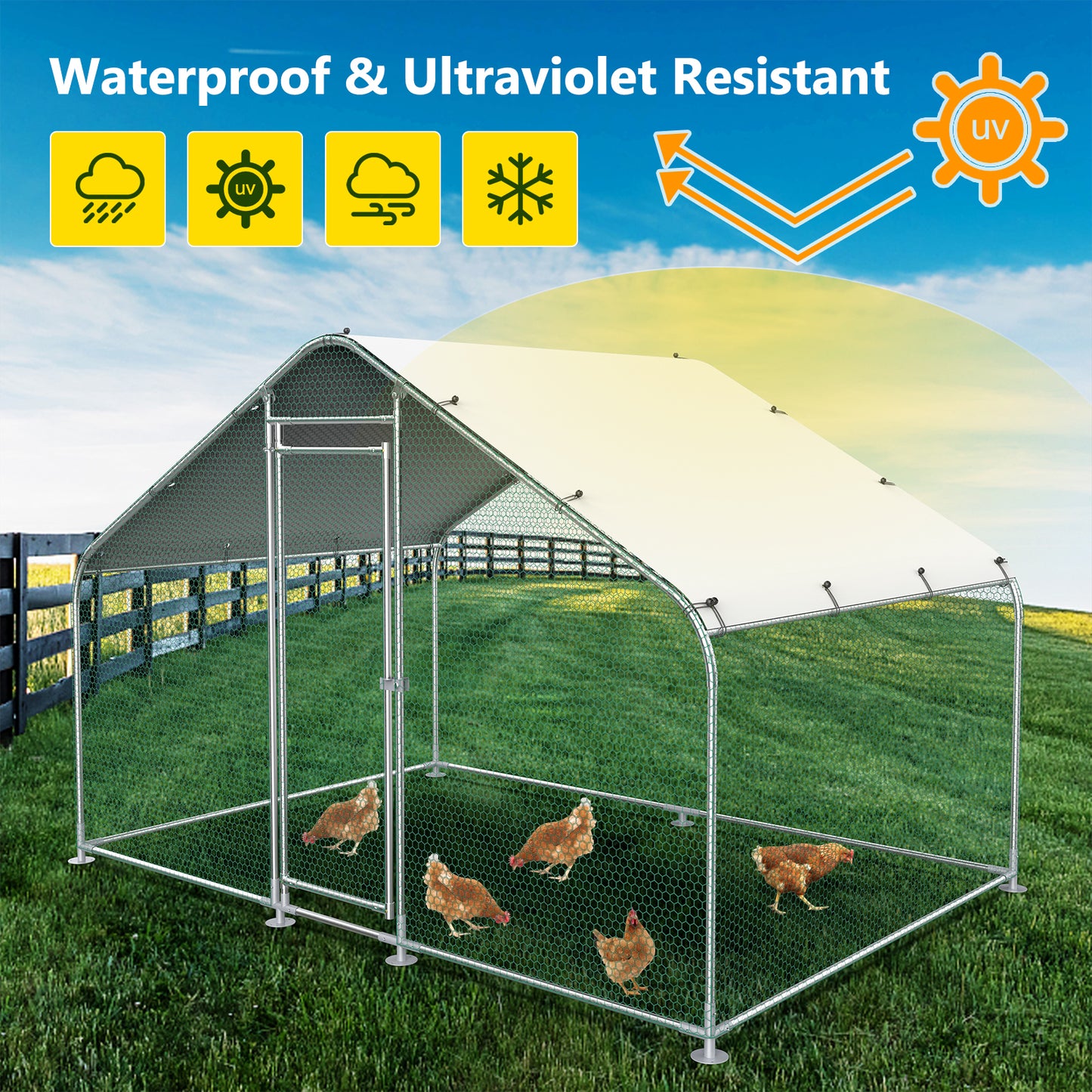 Lyromix Large Metal Chicken Coop with Run,Walk-in Poultry Cage Chicken Runs House for Yard with Waterproof Cover,Chicken Pens Habitat Cage Spire Shaped Coop for Outdoor Farm