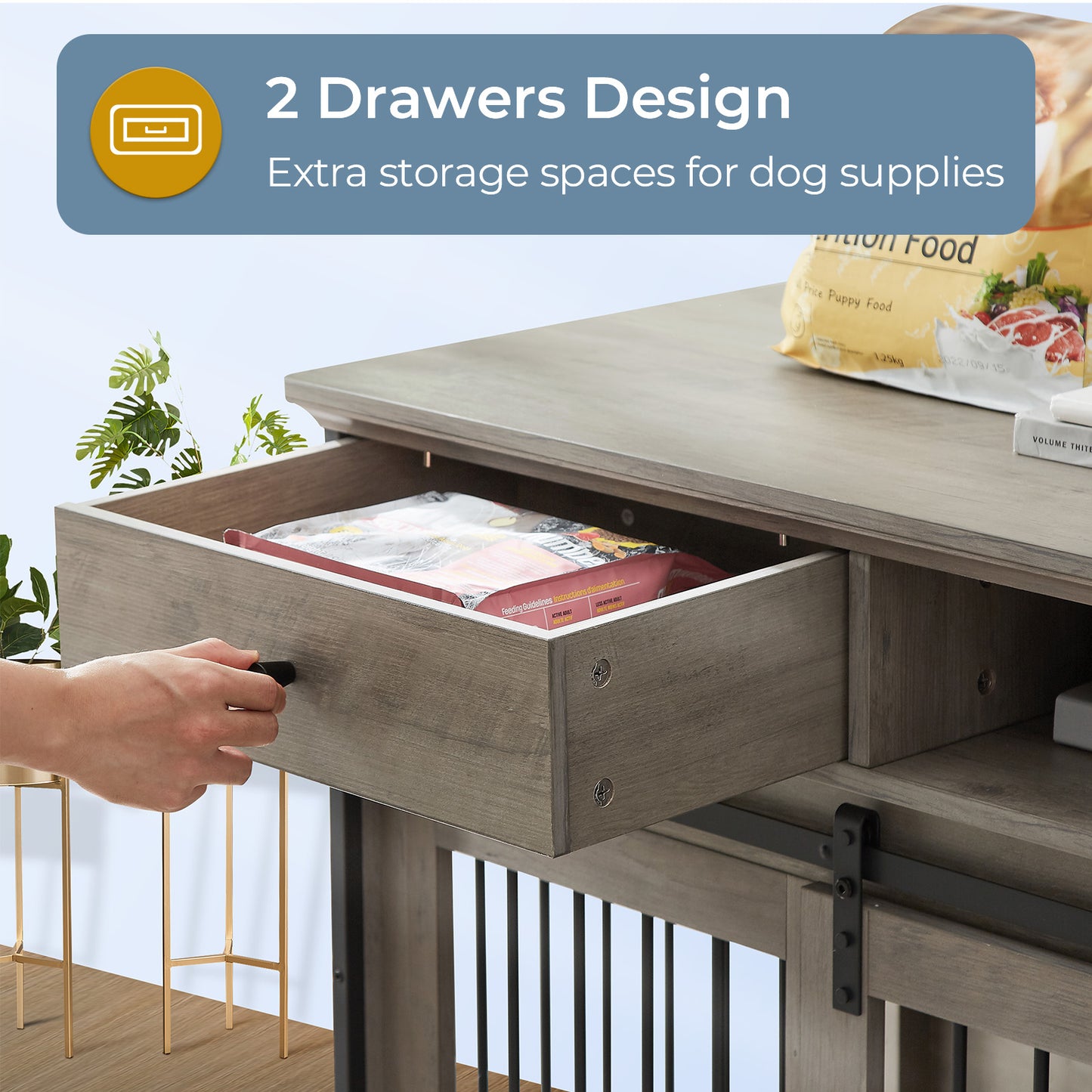Lyromix Dog Crate Furniture Large Breed TV Stand with Drawer & 2 Sliding Doors, Dog Kennels and Crates for Medium Large Dogs with Divider, Wood Dog Crate End Table, Grey, 62.2''W*22.8''D*32.3''H