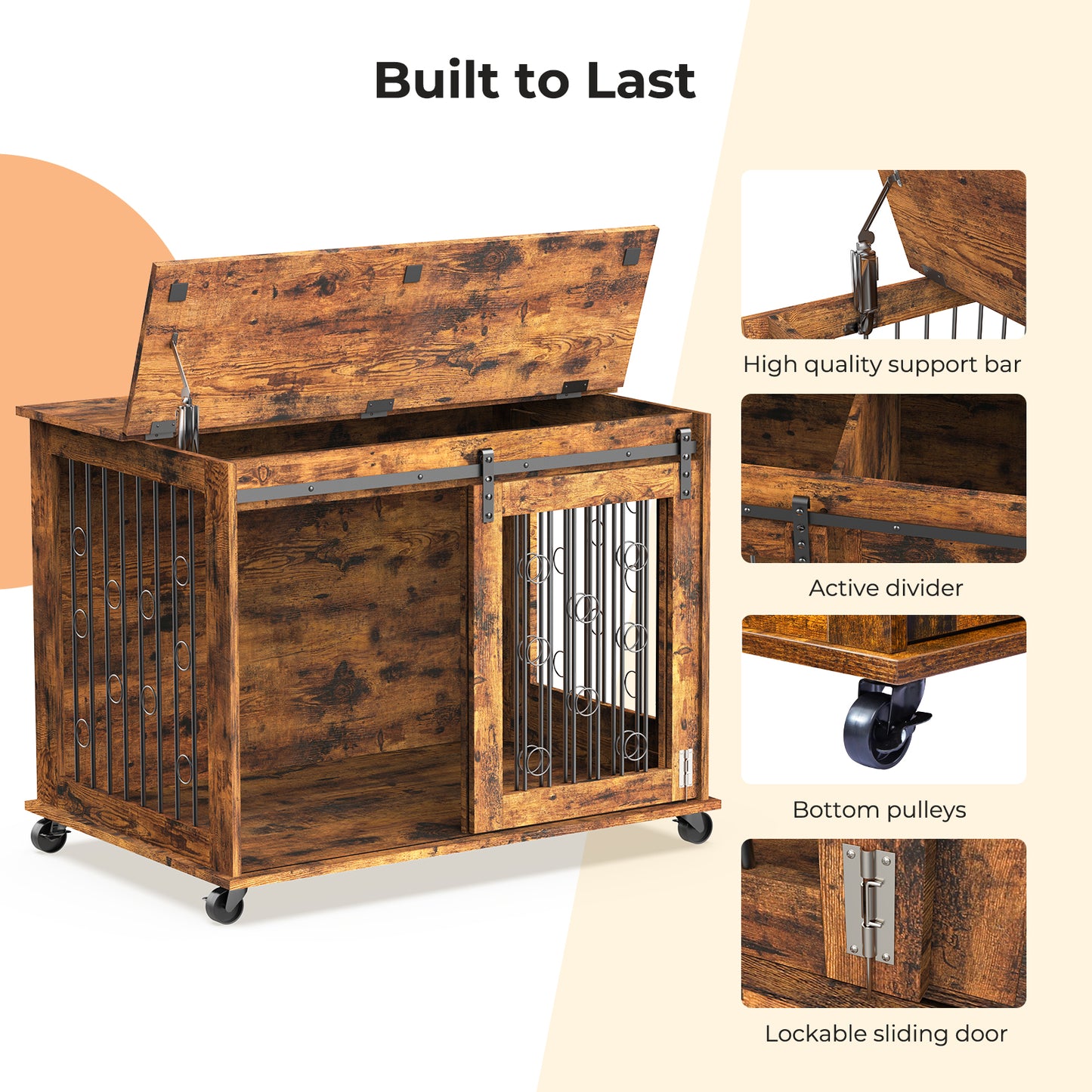 Lyromix Dog Crate Furniture with Divider for 2 Small to Medium Pets, Wooden Cage End Table, Heavy Duty Indoor Puppy Kennel with Removable Divider and Sliding Door, Grey