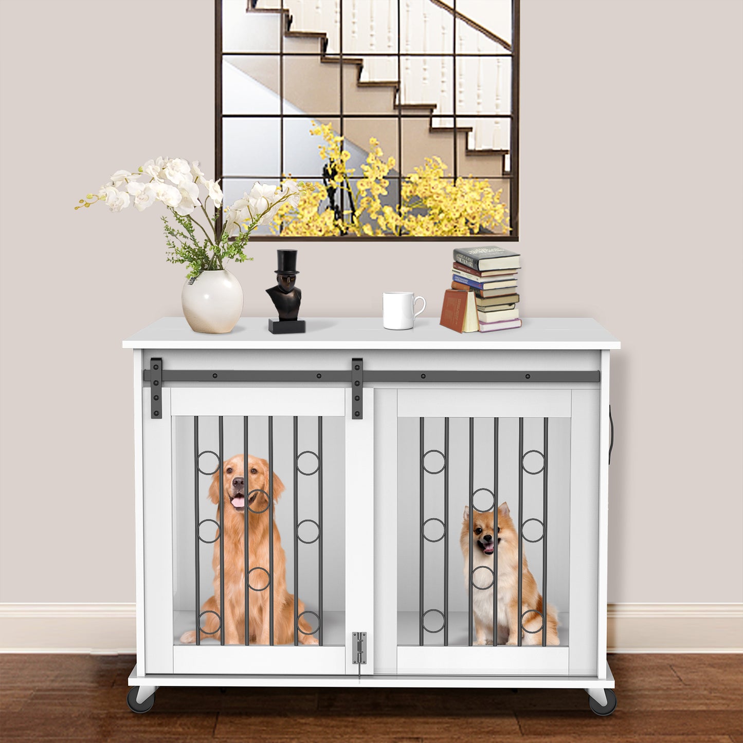 Lyromix Dog Crate Furniture with Divider for 2 Small to Medium Pets, Wooden Cage End Table, Heavy Duty Indoor Puppy Kennel with Removable Divider and Sliding Door, Grey