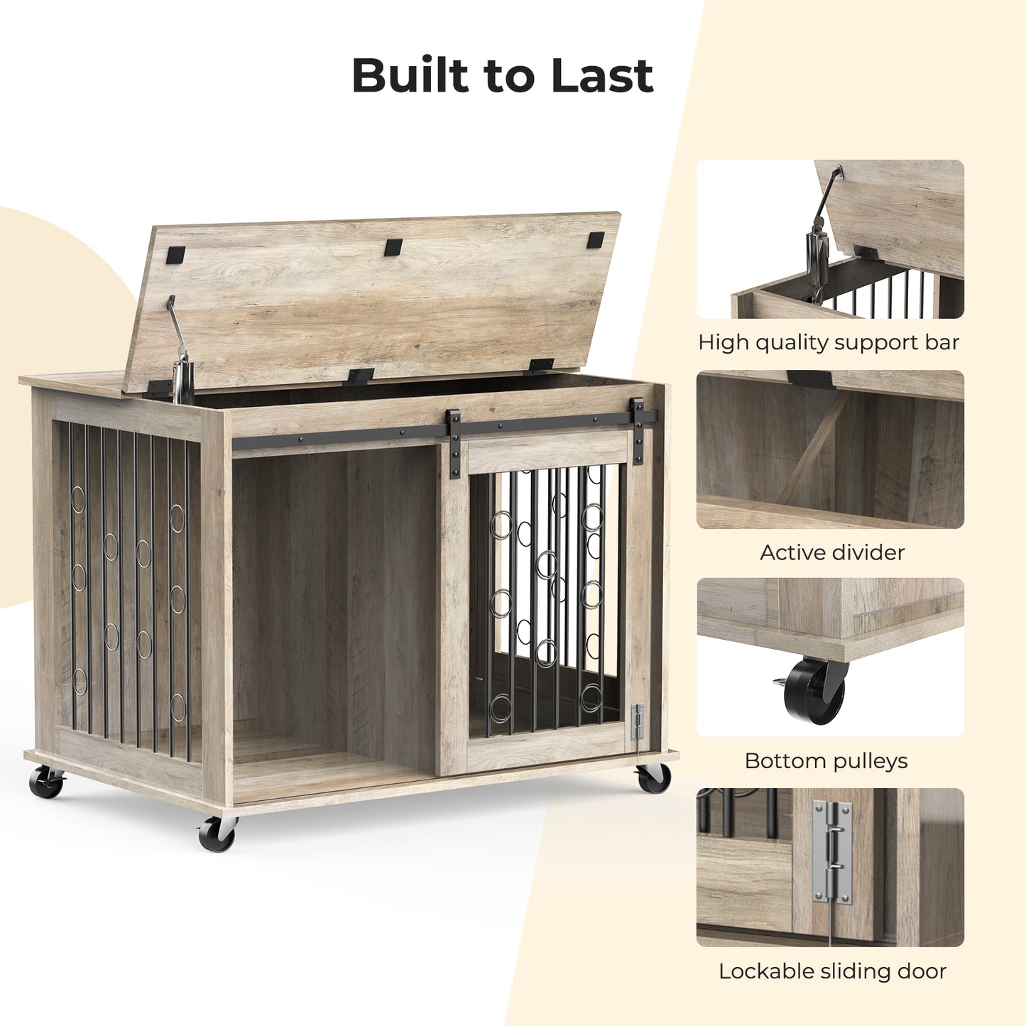 Lyromix Dog Crate Furniture with Divider for 2 Small to Medium Pets, Wooden Cage End Table, Heavy Duty Indoor Puppy Kennel with Removable Divider and Sliding Door, Grey