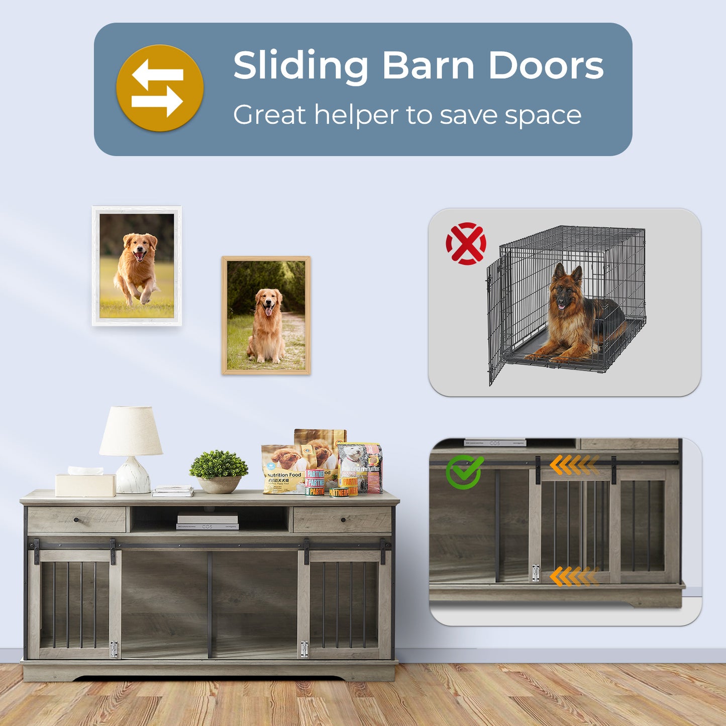 Lyromix Dog Crate Furniture Large Breed TV Stand with Drawer & 2 Sliding Doors, Dog Kennels and Crates for Medium Large Dogs with Divider, Wood Dog Crate End Table, Grey, 62.2''W*22.8''D*32.3''H