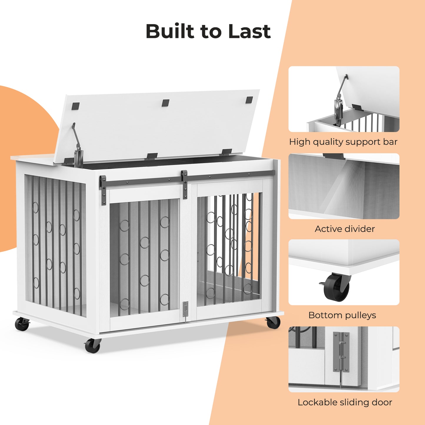 Lyromix Dog Crate Furniture with Divider for 2 Small to Medium Pets, Wooden Cage End Table, Heavy Duty Indoor Puppy Kennel with Removable Divider and Sliding Door, Grey