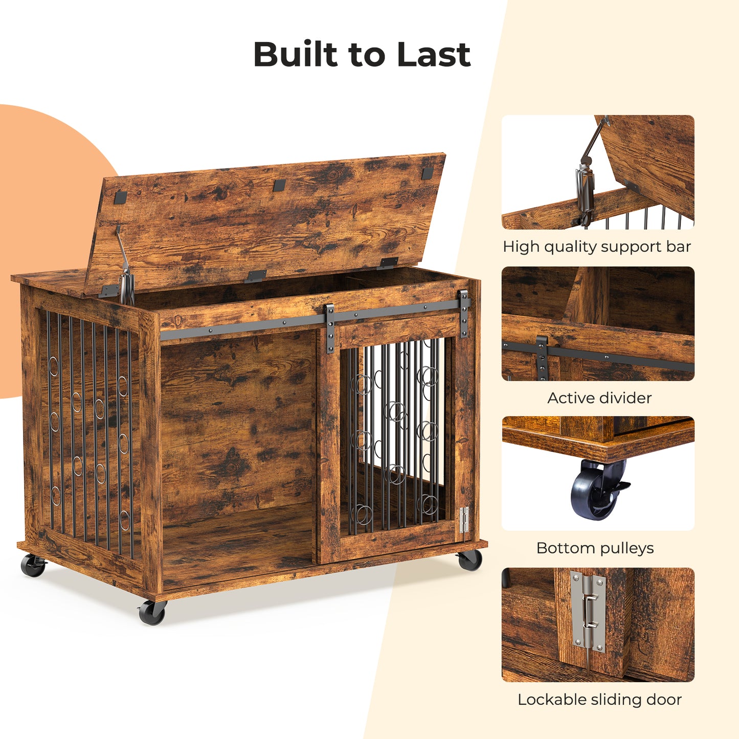 Lyromix Dog Crate Furniture with Divider for 2 Small to Medium Pets, Wooden Cage End Table, Heavy Duty Indoor Puppy Kennel with Removable Divider and Sliding Door, Grey