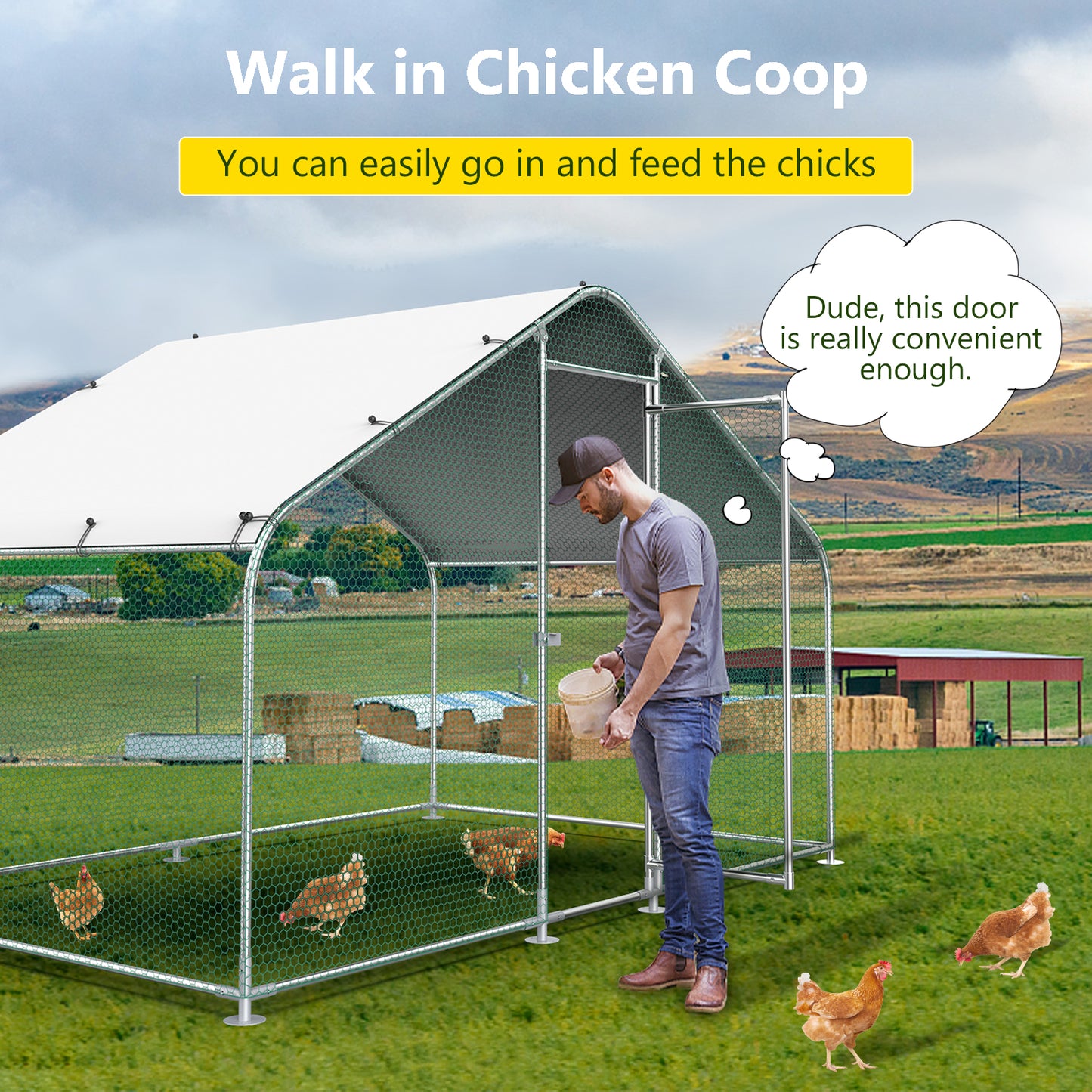 Lyromix Large Metal Chicken Coop with Run,Walk-in Poultry Cage Chicken Runs House for Yard with Waterproof Cover,Chicken Pens Habitat Cage Spire Shaped Coop for Outdoor Farm