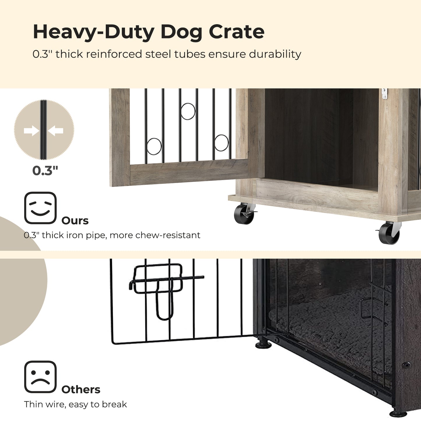 Lyromix Dog Crate Furniture with Divider for 2 Small to Medium Pets, Wooden Cage End Table, Heavy Duty Indoor Puppy Kennel with Removable Divider and Sliding Door, Grey