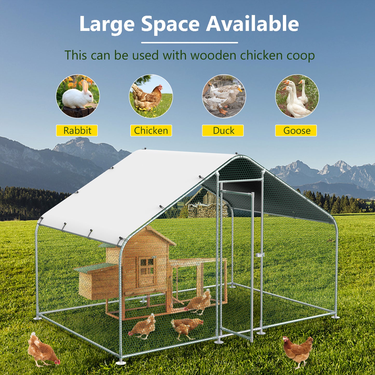 Lyromix Large Metal Chicken Coop with Run,Walk-in Poultry Cage Chicken Runs House for Yard with Waterproof Cover,Chicken Pens Habitat Cage Spire Shaped Coop for Outdoor Farm