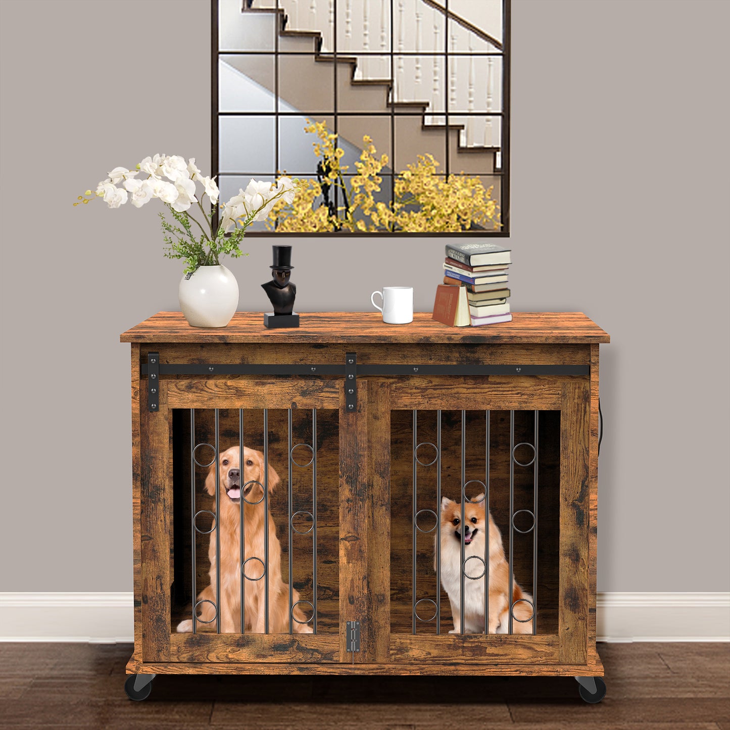 Lyromix Dog Crate Furniture with Divider for 2 Small to Medium Pets, Wooden Cage End Table, Heavy Duty Indoor Puppy Kennel with Removable Divider and Sliding Door, Grey