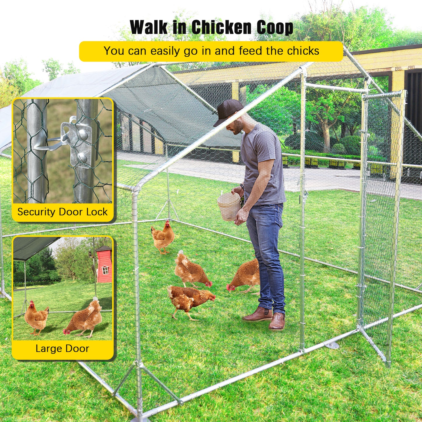 Lyromix Large Metal Chicken Coop Run, Walk-in Poultry Cage Chicken Runs House for Yard with Waterproof Cover, Ducks Rabbits Habitat Cage Spire Shaped Coop for Outdoor Farm Use