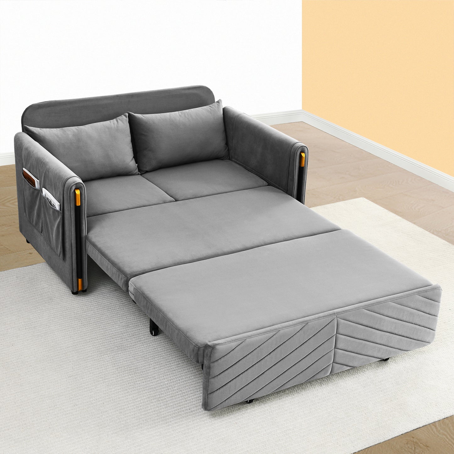 Lyromix 3 in 1 Sofa Bed for Living Room, Convertible Loveseat Sleeper Full Size, Velvet Pull Out Couch with 2 Pillows & Detachable Storage Bag